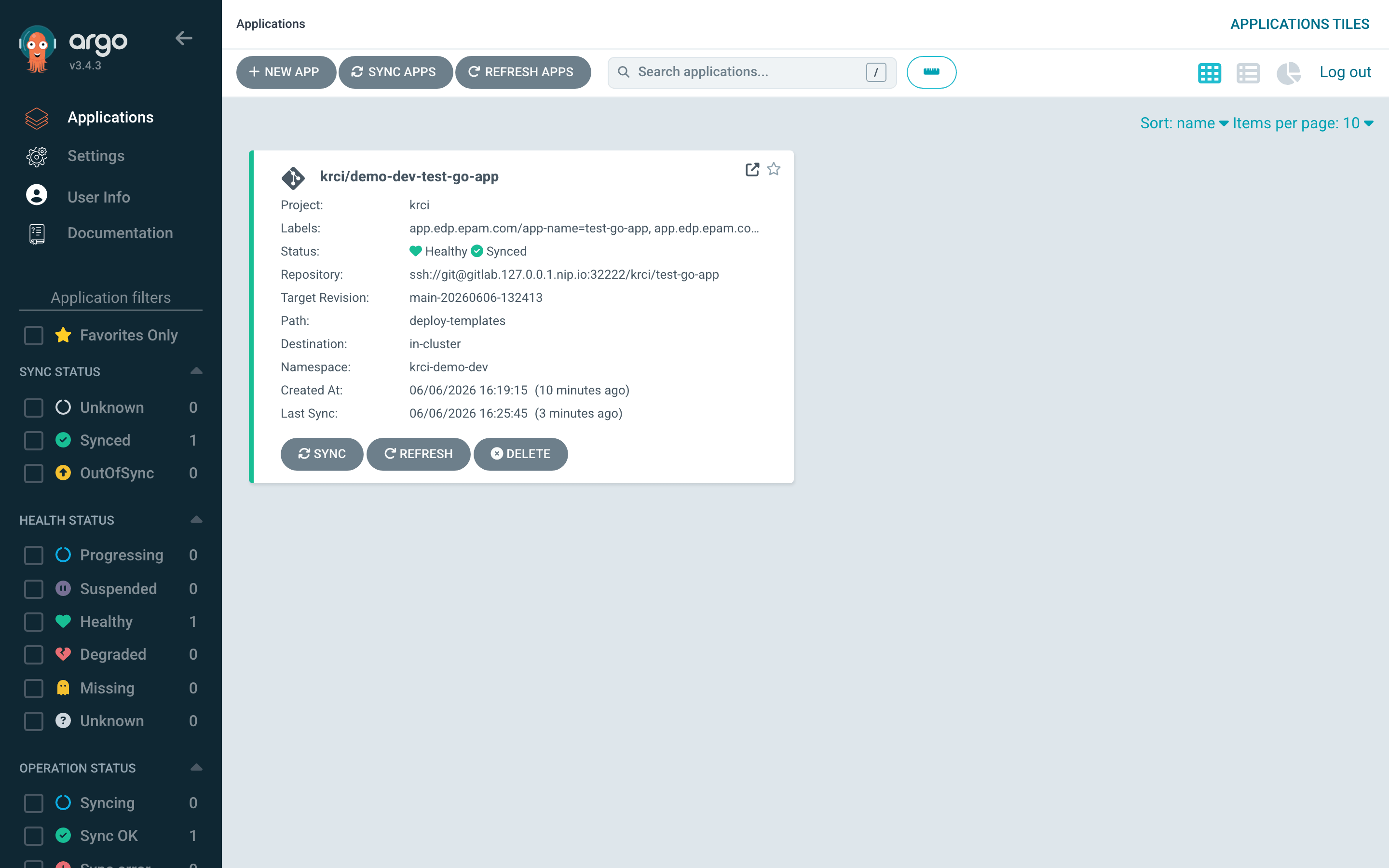 Argo CD UI showing demo-dev-test-go-app application Synced and Healthy with target revision main-20260606-132413 in krci-demo-dev namespace