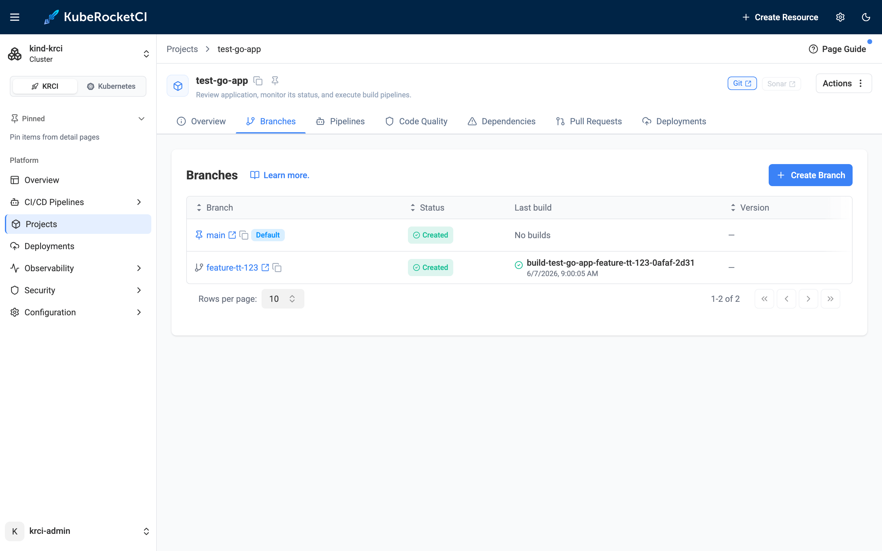 KubeRocketCI Portal Branches tab showing feature-tt-123 with a successful build next to the main branch