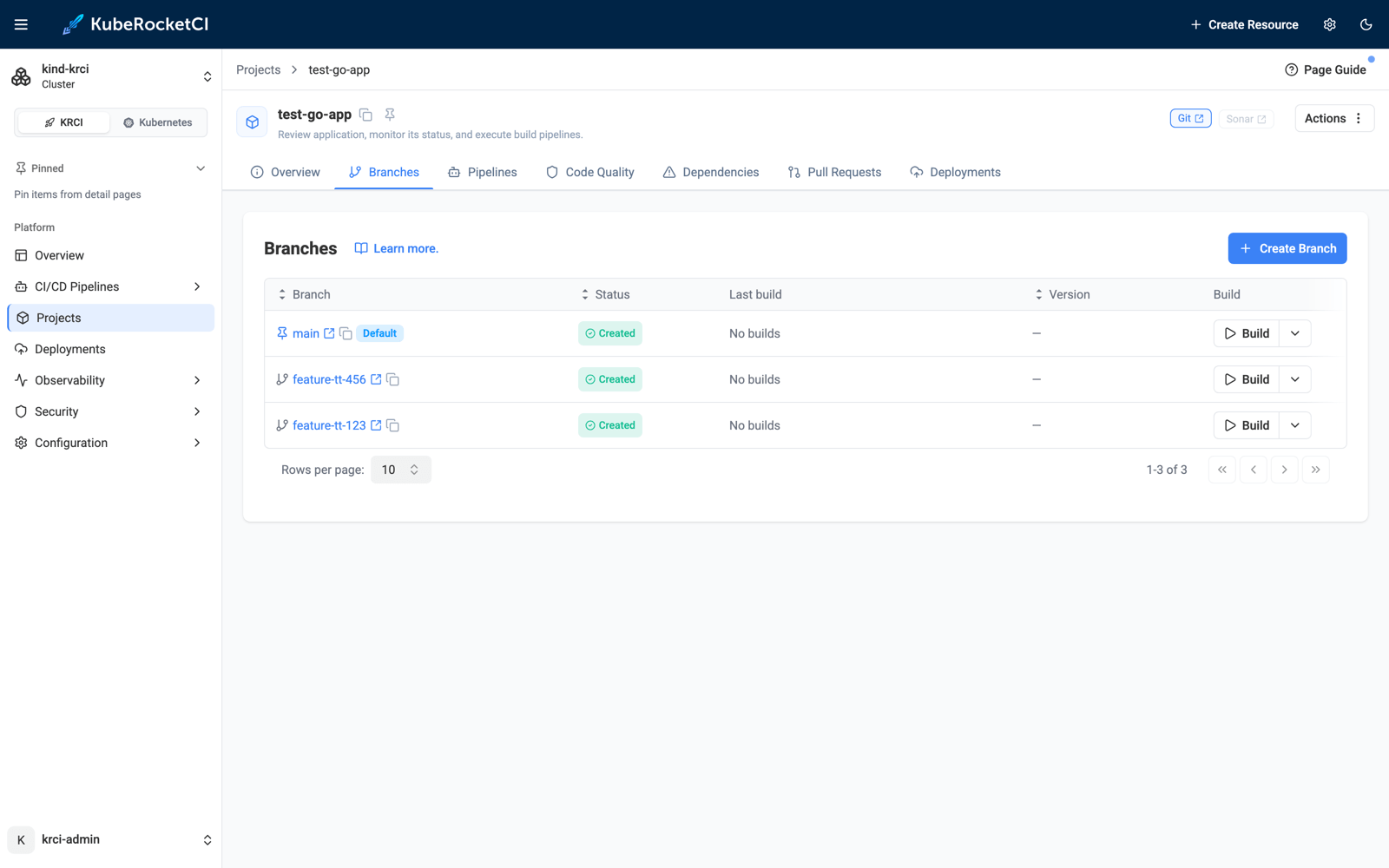 KubeRocketCI Portal branch list for test-go-app showing main, feature-tt-456 and feature-tt-123, all healthy