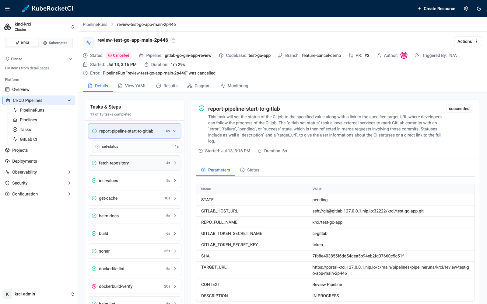 KubeRocketCI Portal PipelineRun details of the cancelled review run, showing completed tasks, the cancelled dockerbuild-verify task and the executed finally tasks