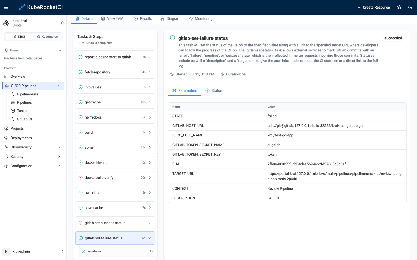 KubeRocketCI Portal showing the gitlab-set-failure-status finally task of the cancelled run succeeded, reporting the failed state for the superseded commit to GitLab