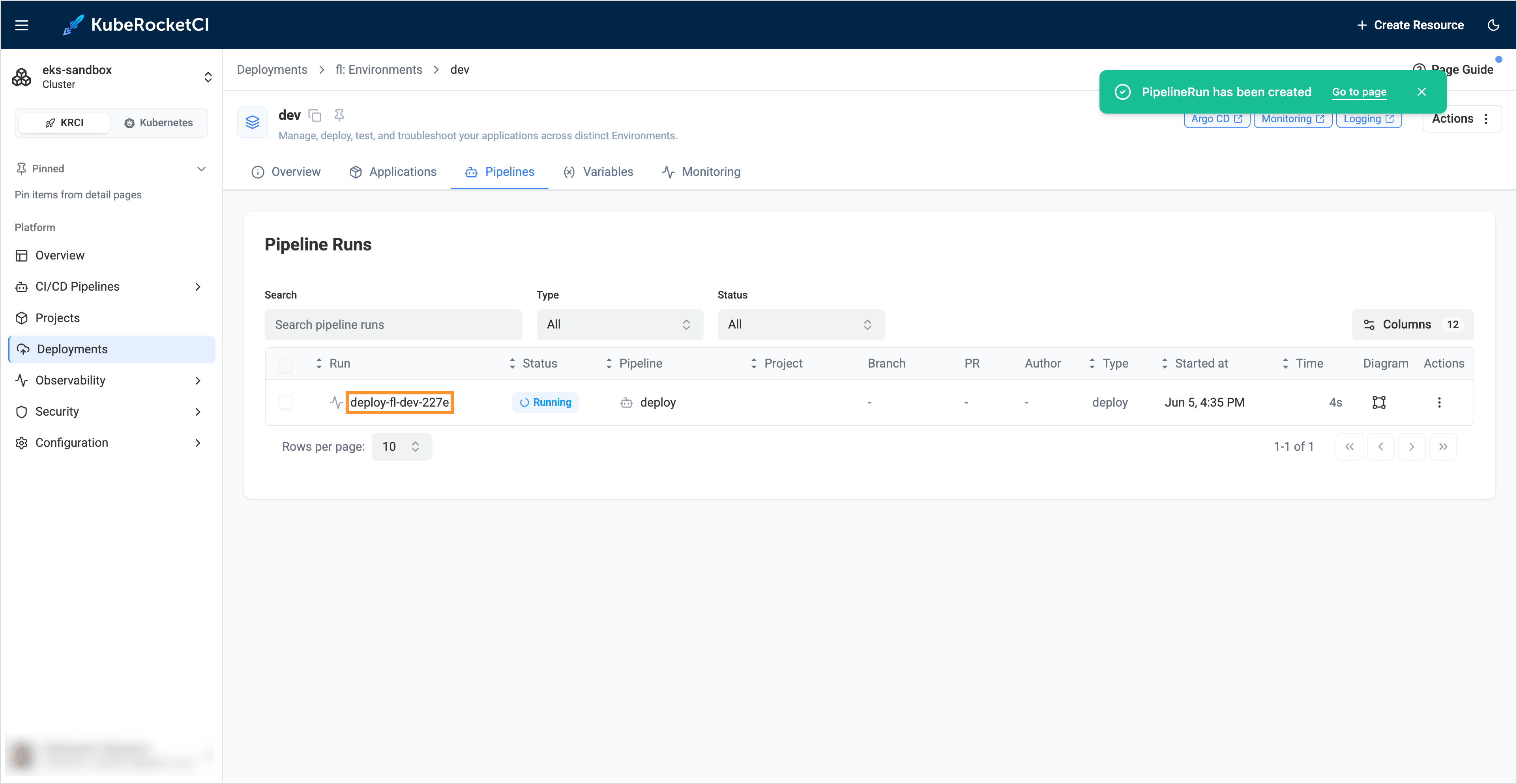 Check deploy pipeline run