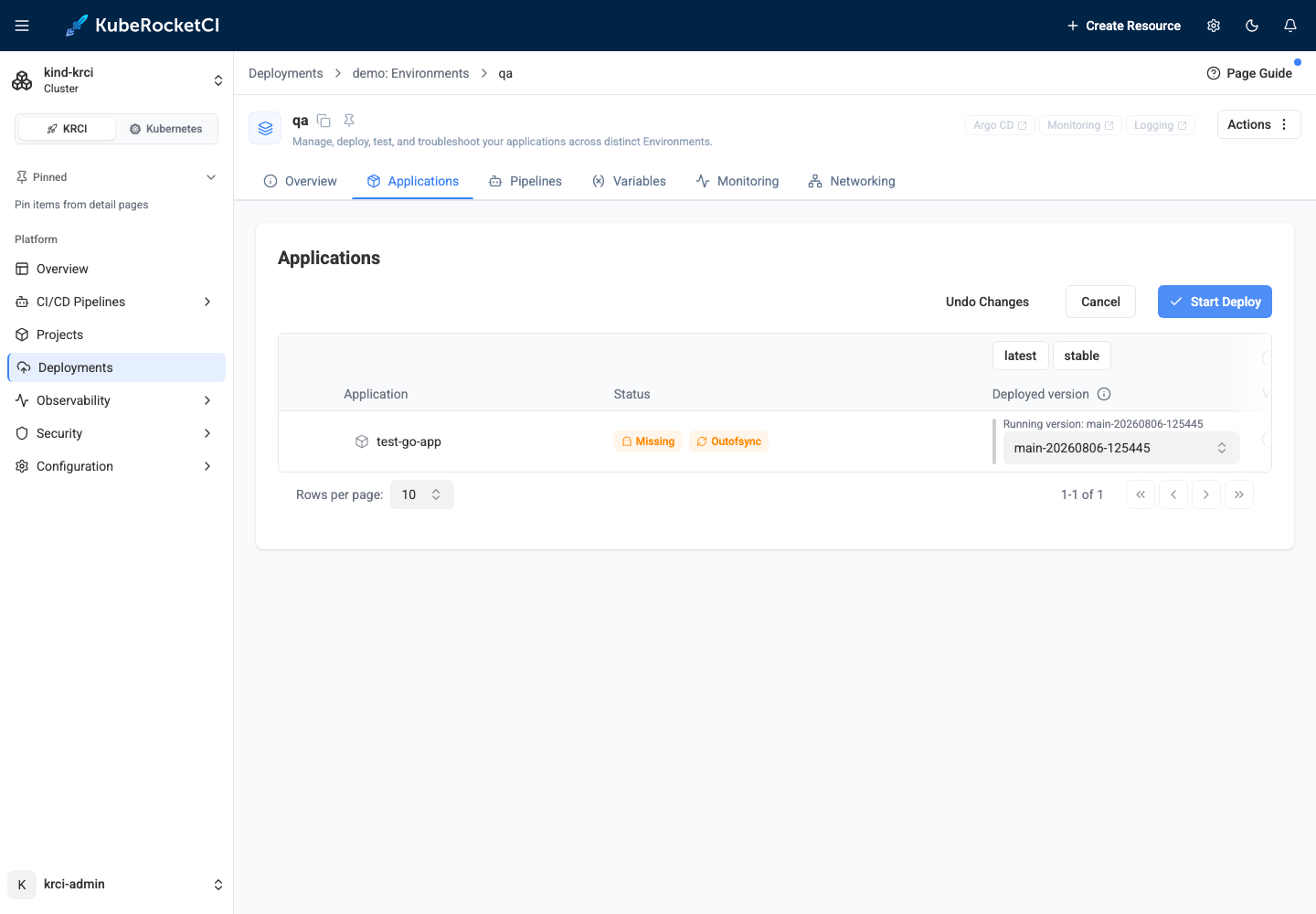 Promote the latest verified build to the vcluster environment KubeRocketCI Portal Configure Deploy view with the latest built image version selected for deployment to the vcluster environment
