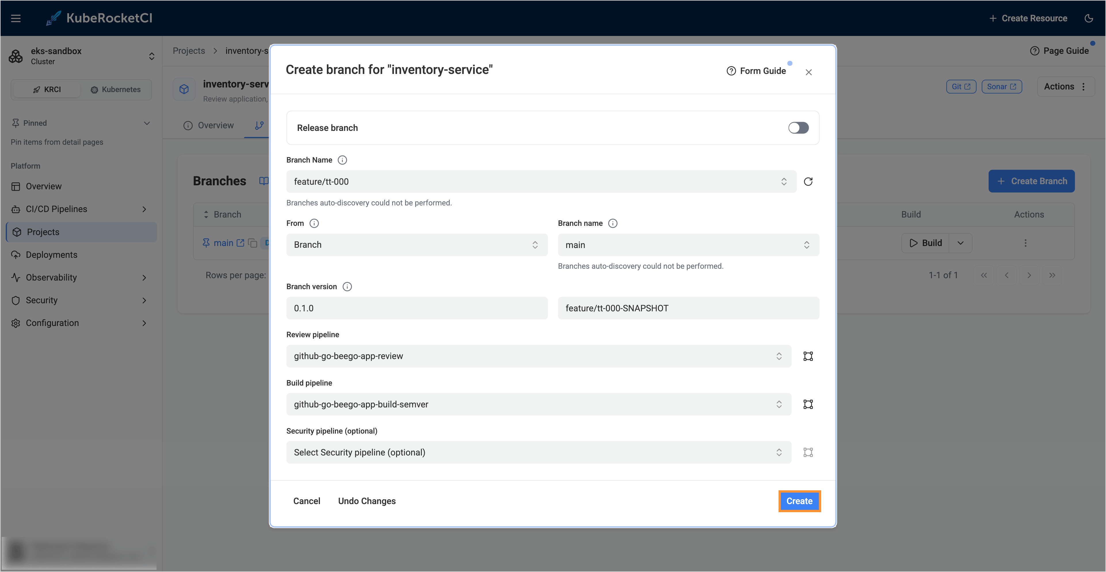 Create branch button