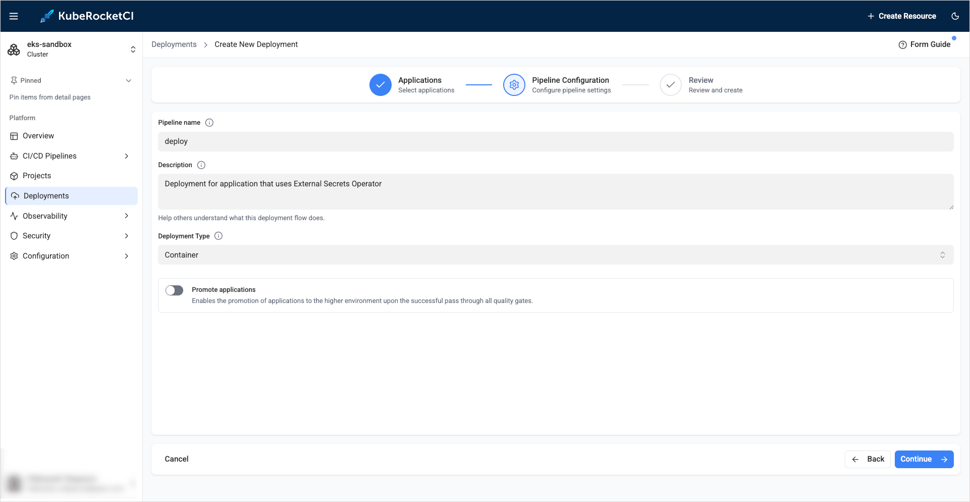 Pipeline configurations tab