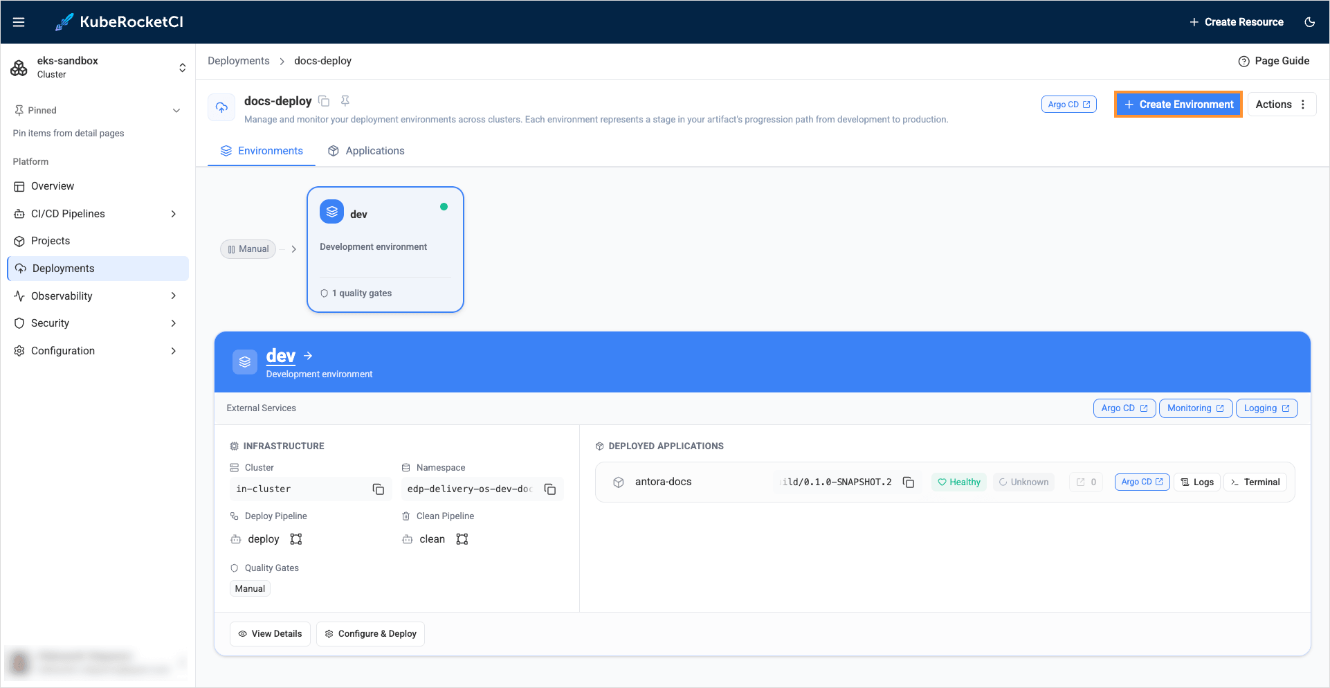 Create environment button"