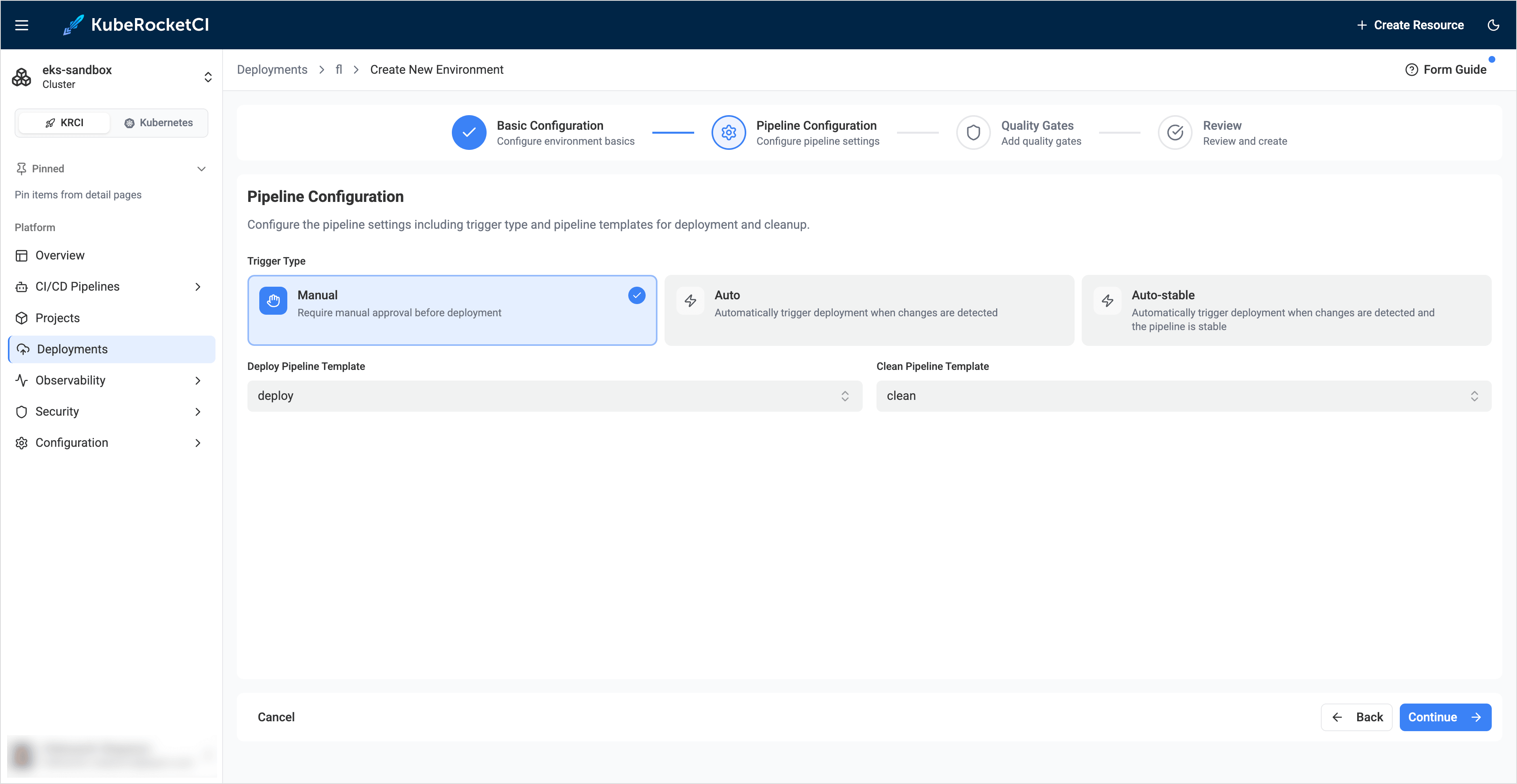 Pipeline configuration step