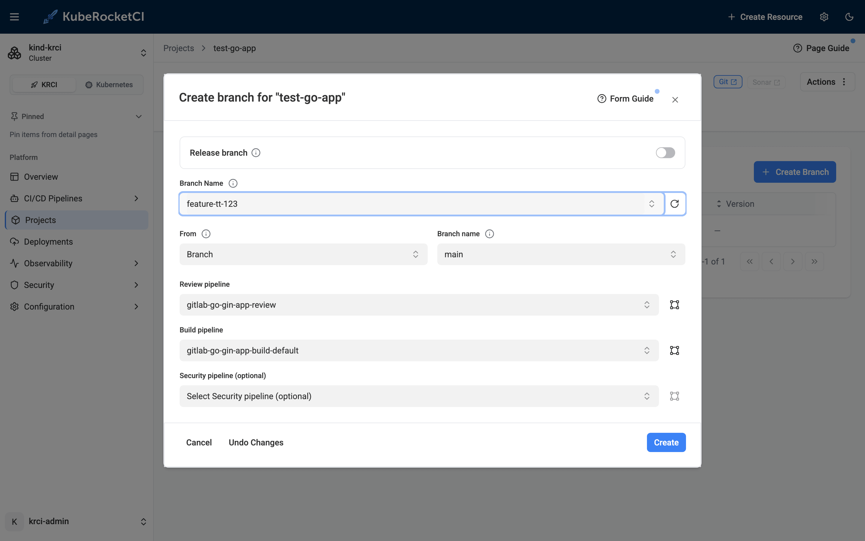 KubeRocketCI Portal Create Branch dialog for test-go-app, creating feature-tt-123 from main with default review and build pipelines