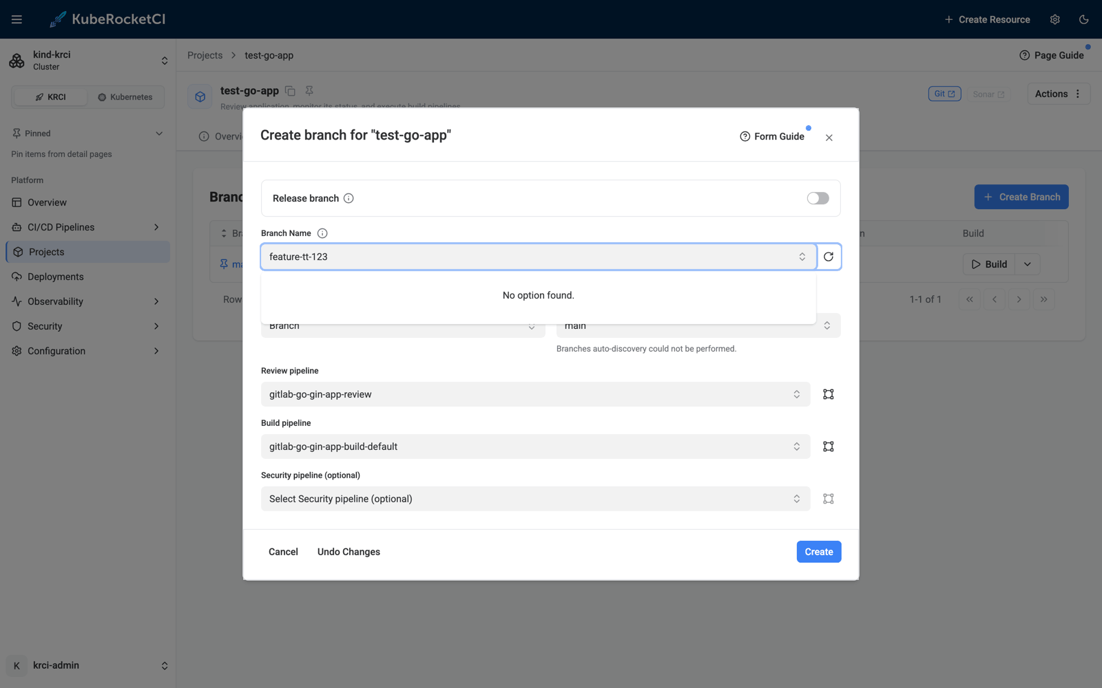 KubeRocketCI Portal Create Branch dialog for test-go-app, creating feature-tt-123 from main