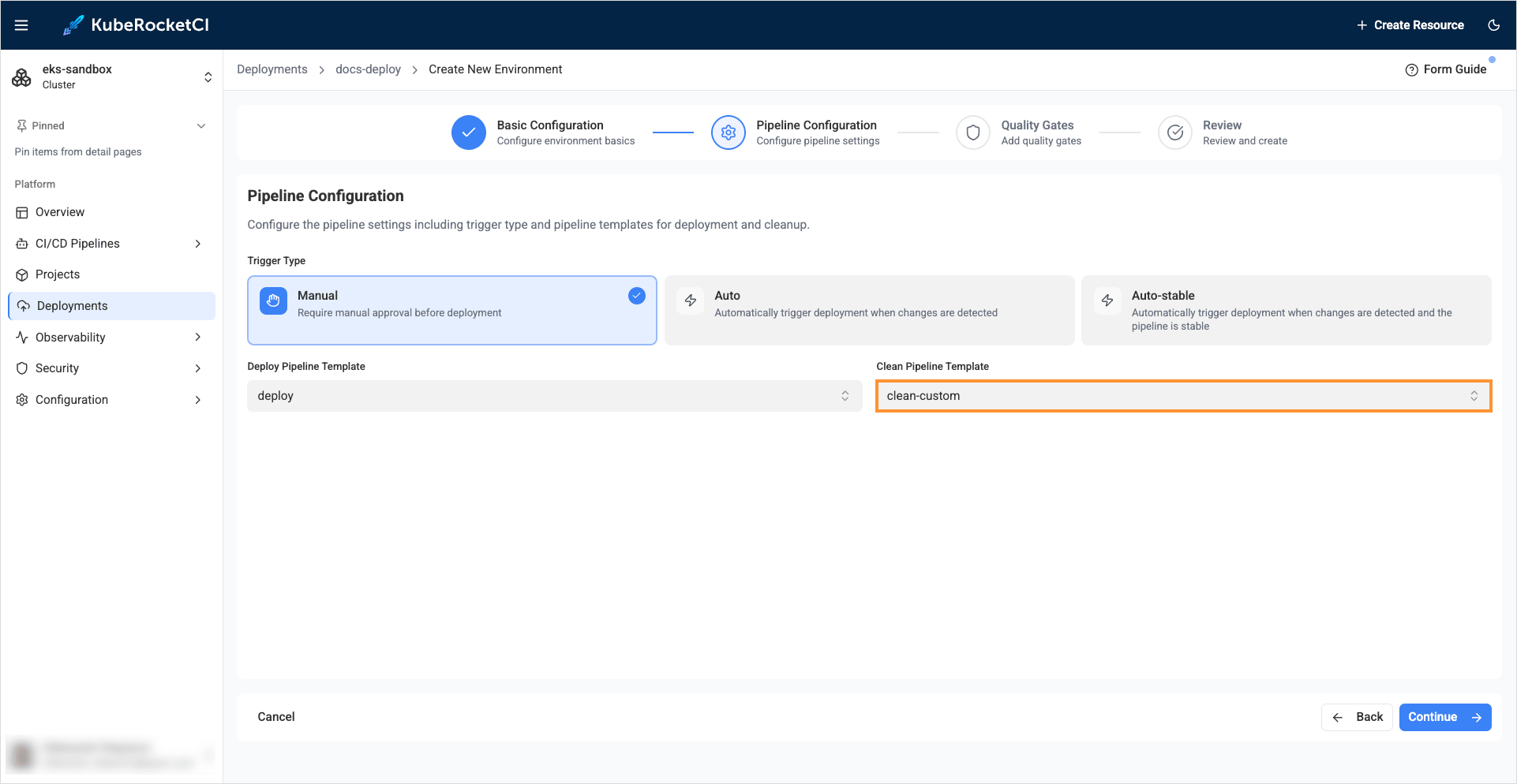 Select custom clean pipeline