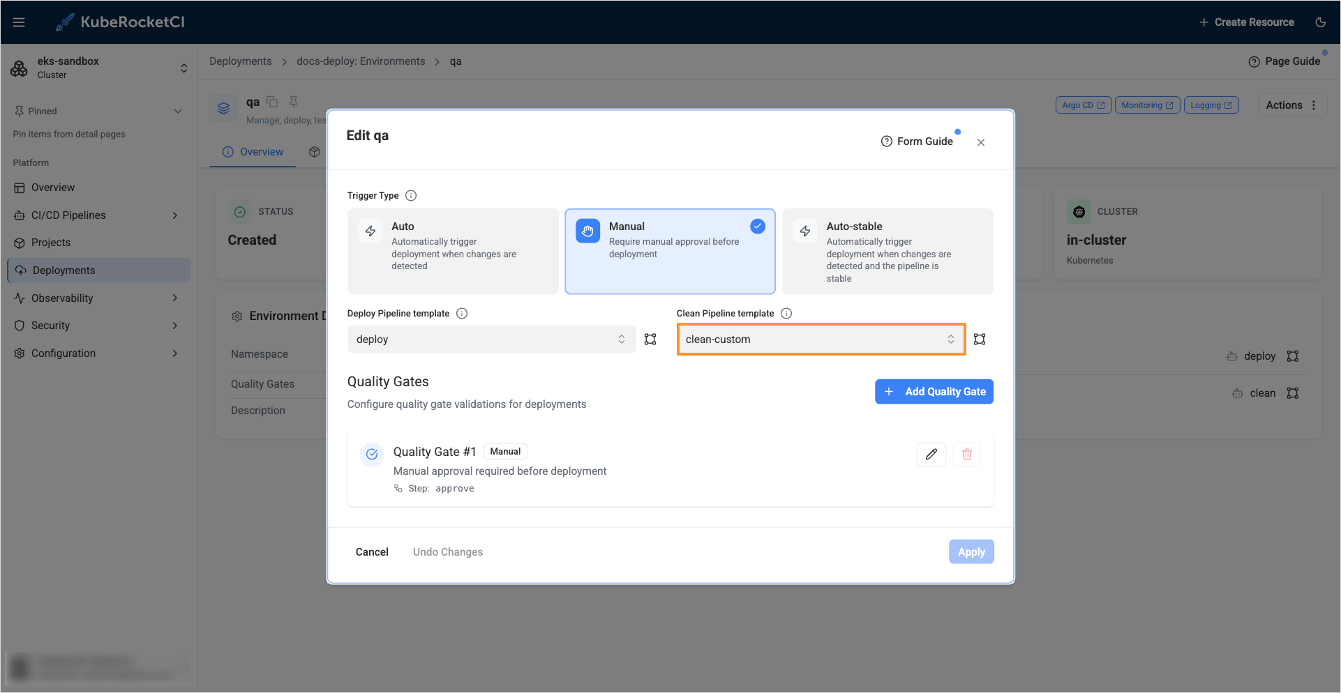 Select custom clean pipeline