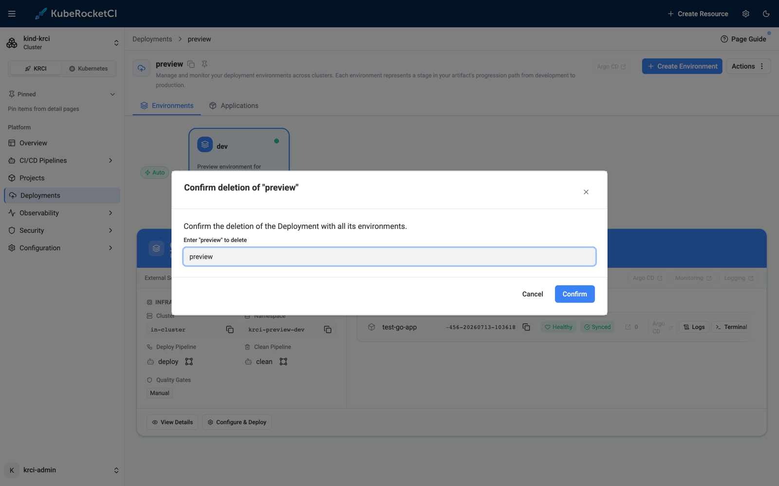 KubeRocketCI confirm deletion dialog for the preview deployment, requiring the deployment name to be typed