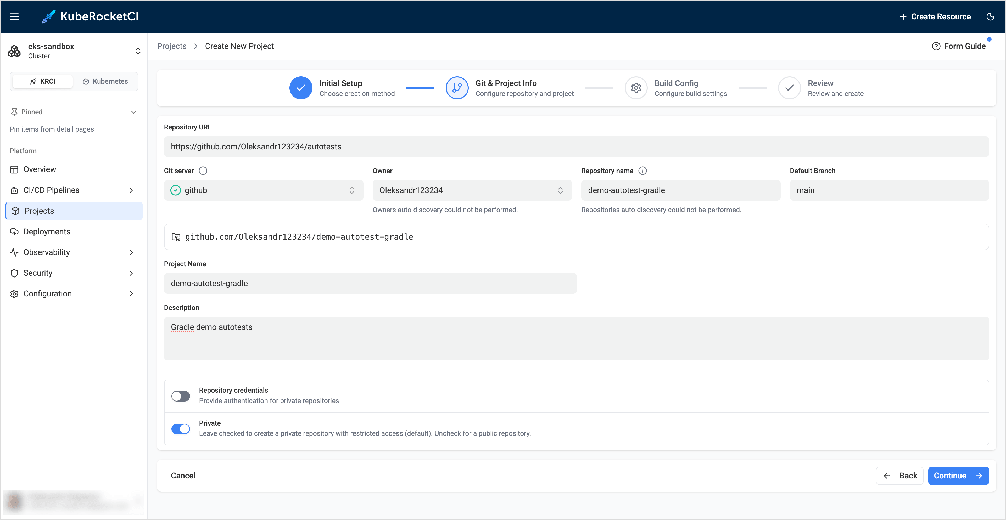 Git & project info info tab for autotests Git & project info info tab for autotests