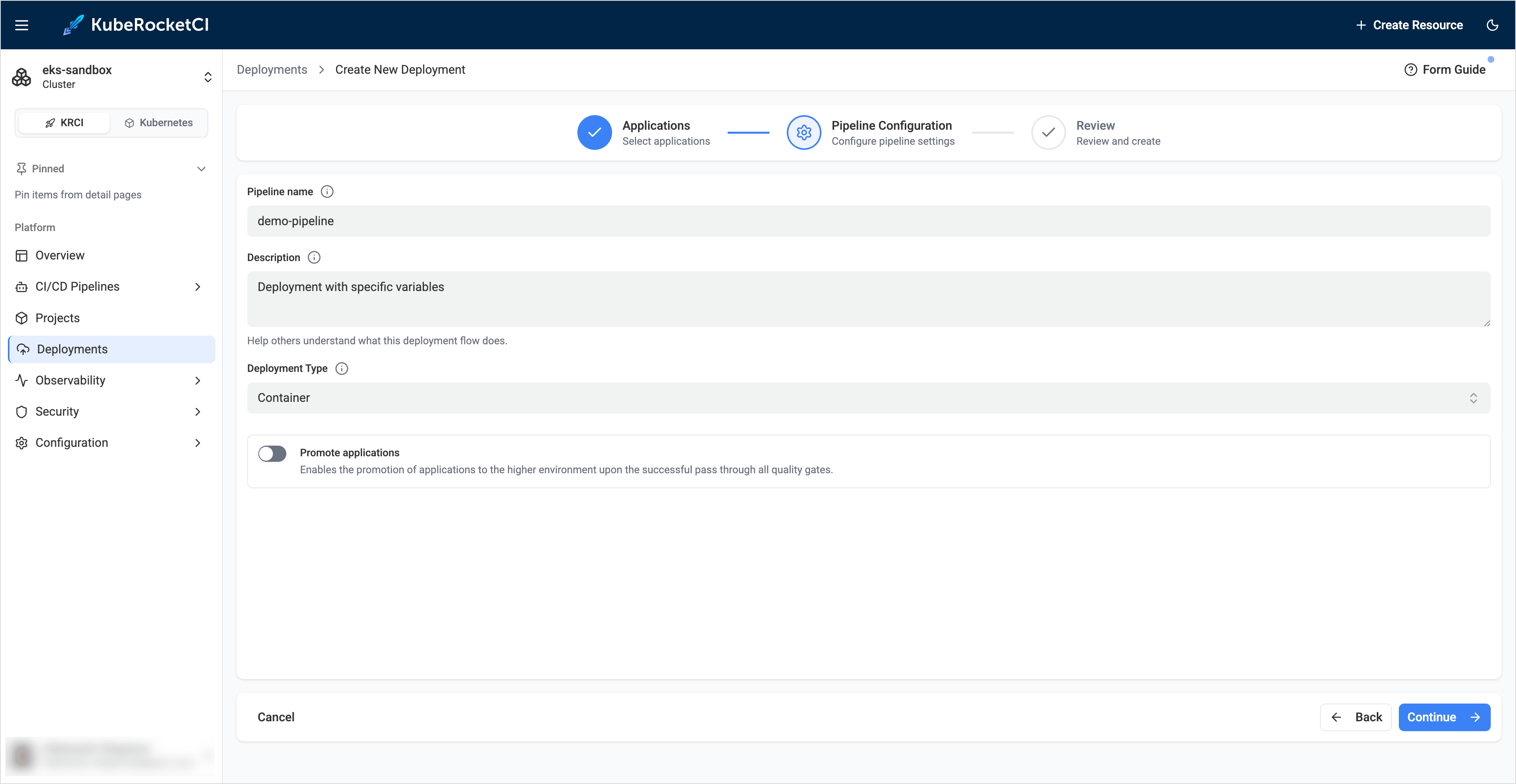 Pipeline configuration tab Pipeline configuration tab