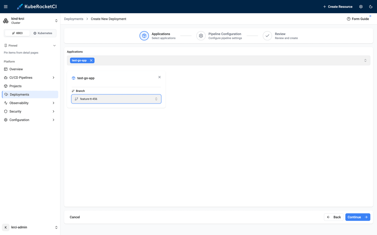 KubeRocketCI deployment wizard with the test-go-app application selected and branch feature-tt-456 chosen as the deployment input