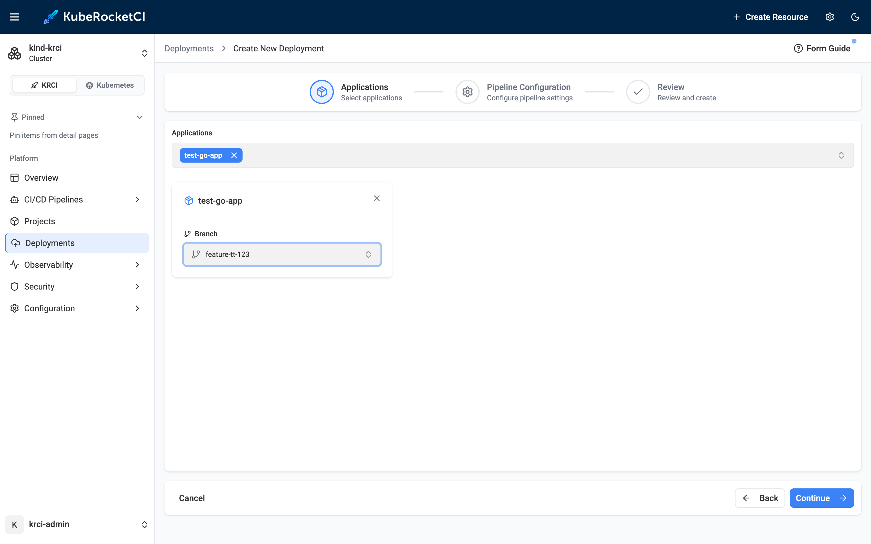 KubeRocketCI Create Deployment wizard with test-go-app selected and its branch set to feature-tt-123