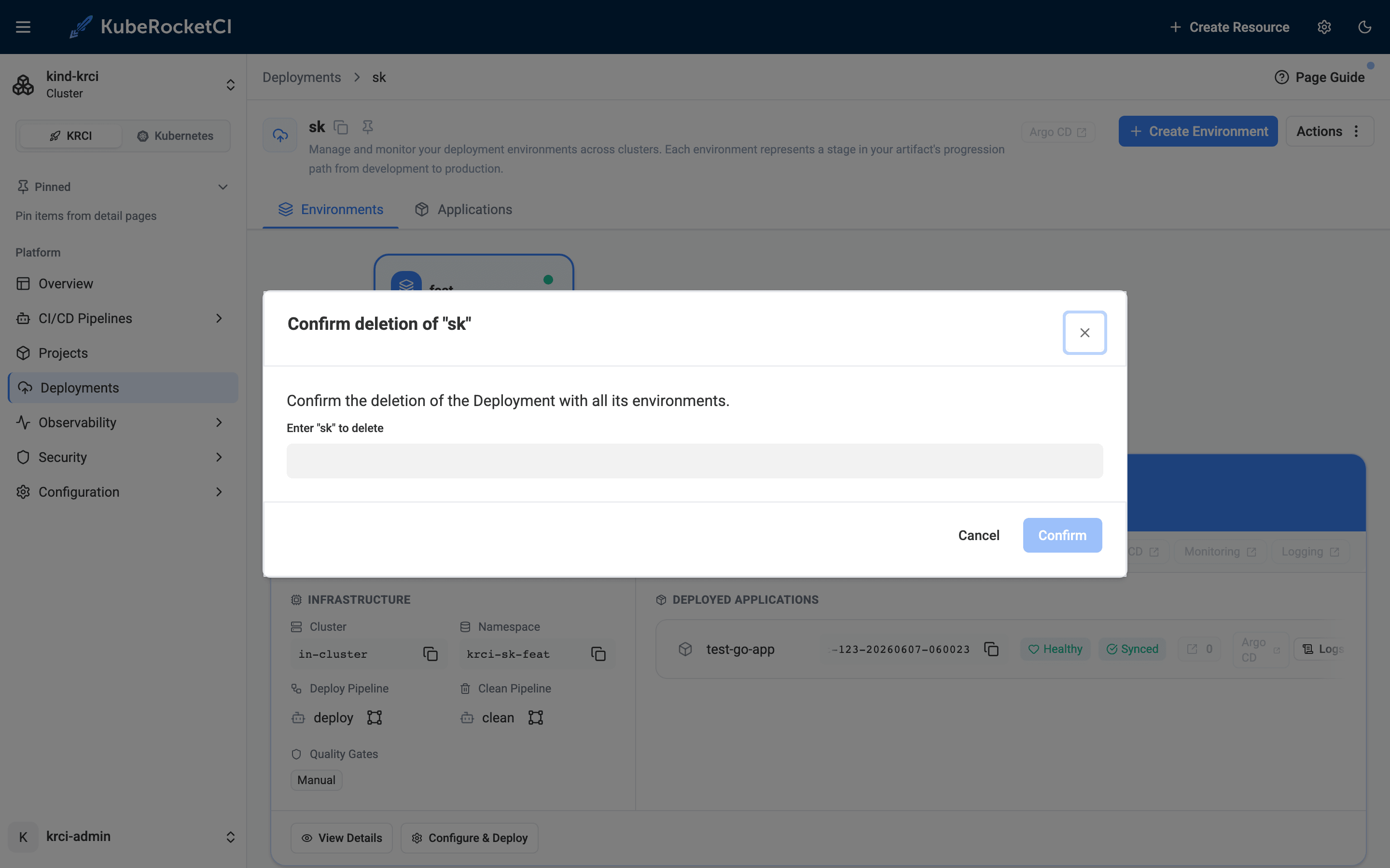KubeRocketCI confirm-deletion dialog for the sk deployment, requiring the name to be typed to delete the deployment and all its environments