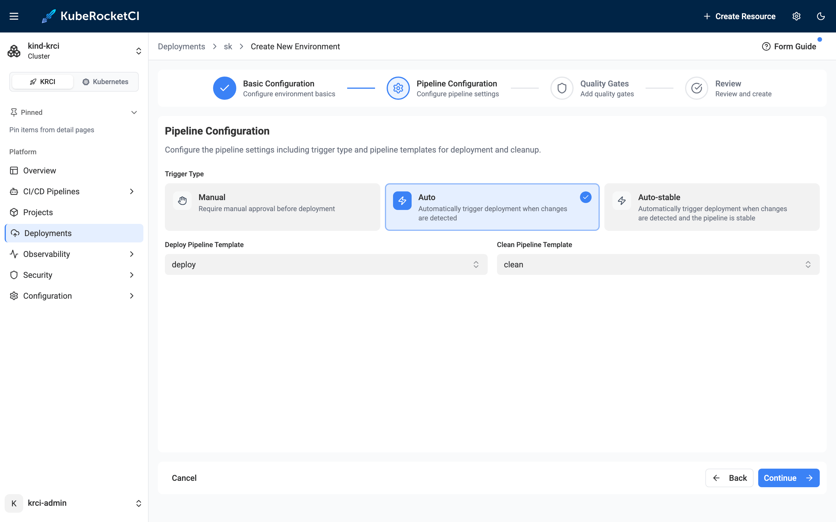 KubeRocketCI Create Environment wizard showing the Auto trigger type selected for automatic deployment