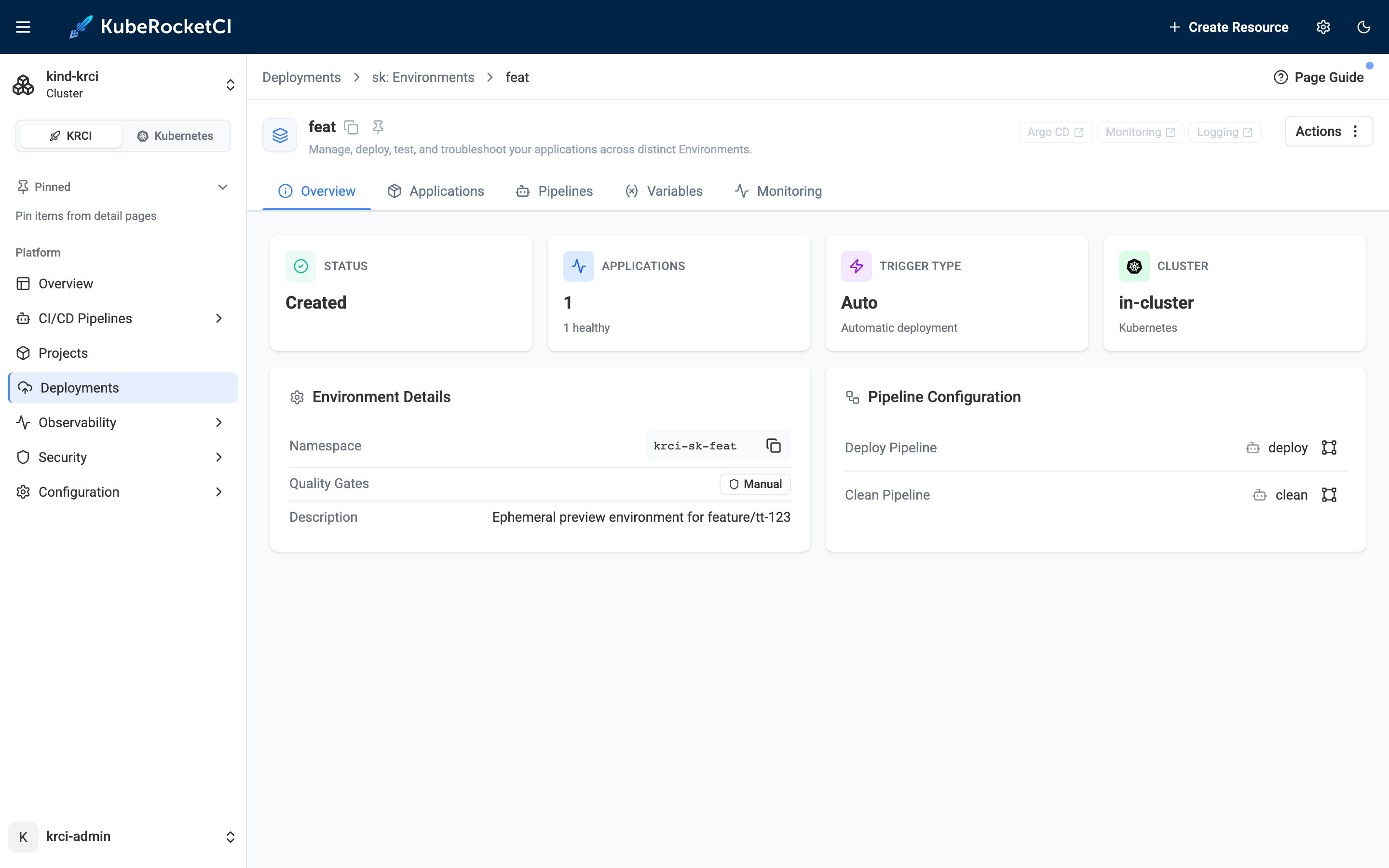 KubeRocketCI environment overview for feat: Auto trigger, in-cluster, namespace krci-sk-feat, deploy and clean pipelines
