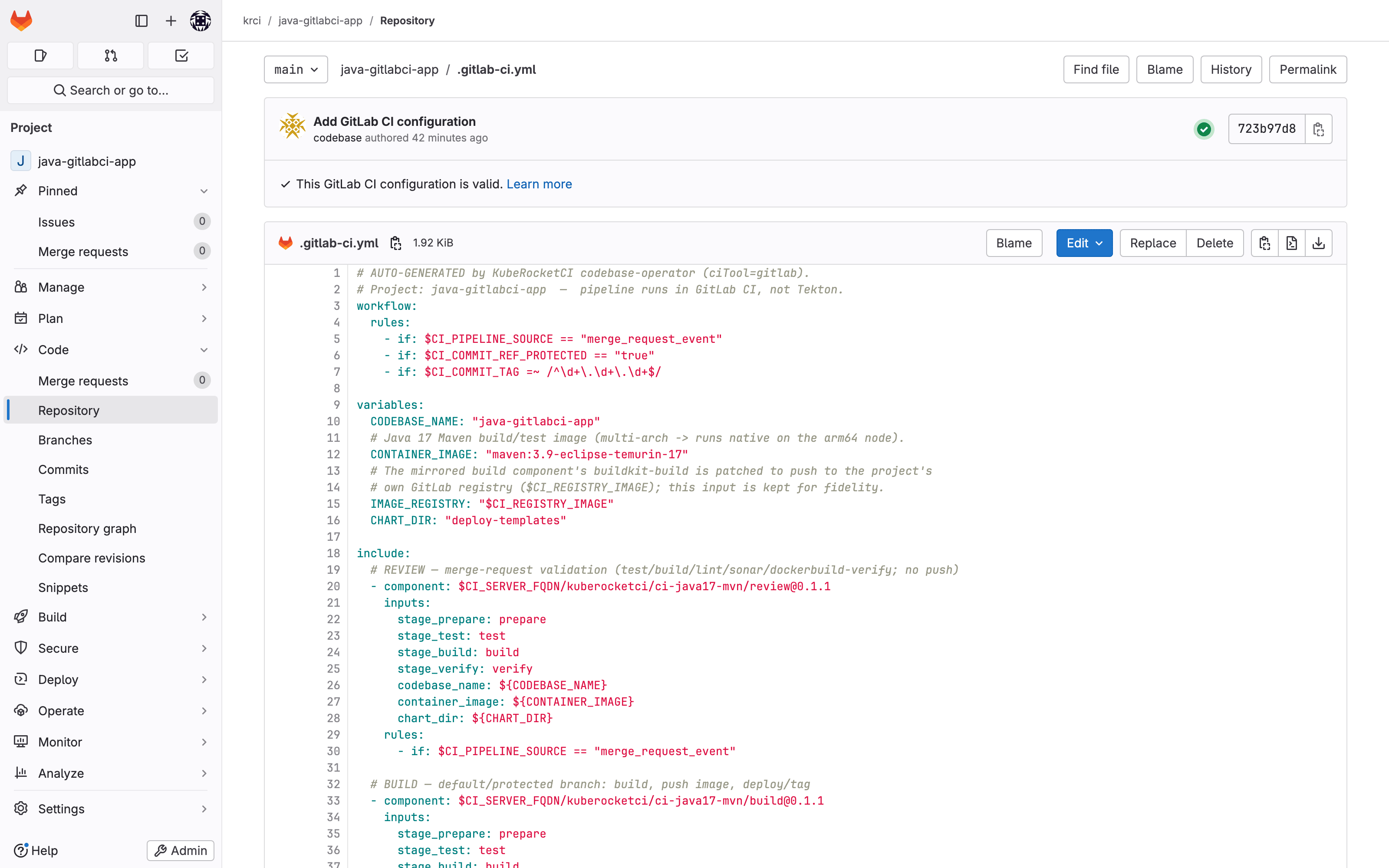 .gitlab-ci.yml injected by the KubeRocketCI codebase-operator in GitLab, including the review and build CI/CD components