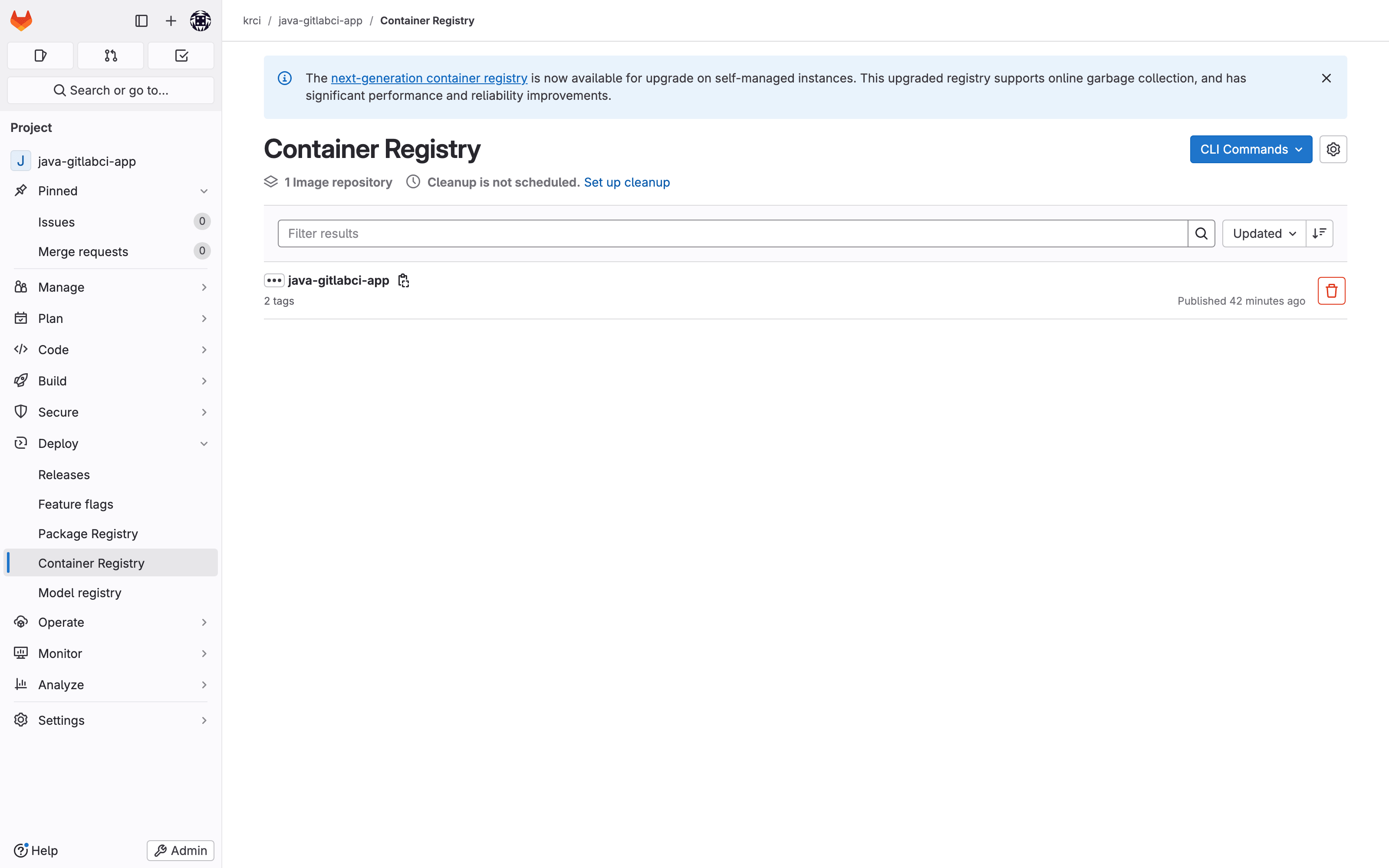 GitLab Container Registry for java-gitlabci-app: image pushed by the buildkit-build job of the build pipeline