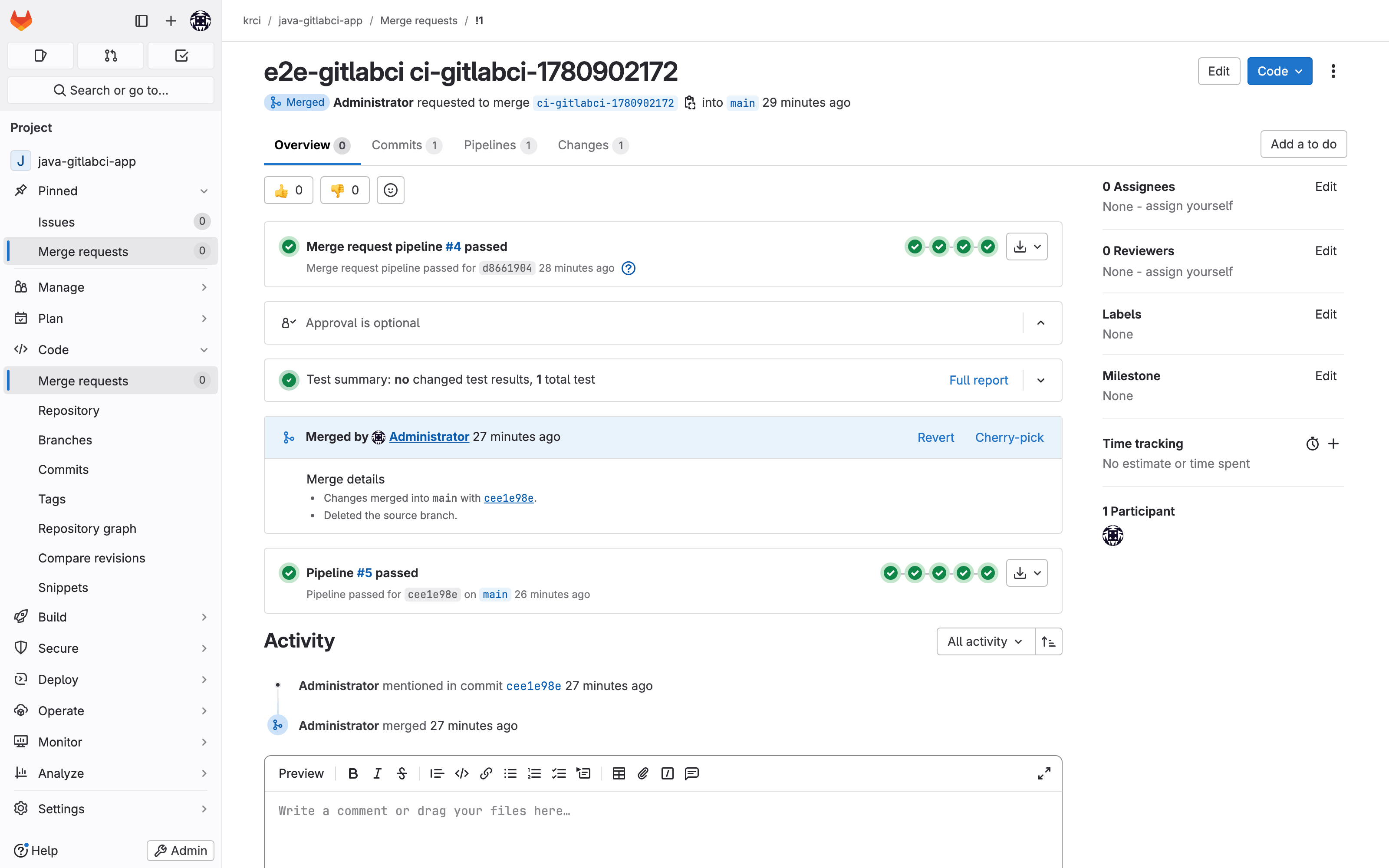 GitLab merge request for java-gitlabci-app with the merge_request_event review pipeline passing before merge
