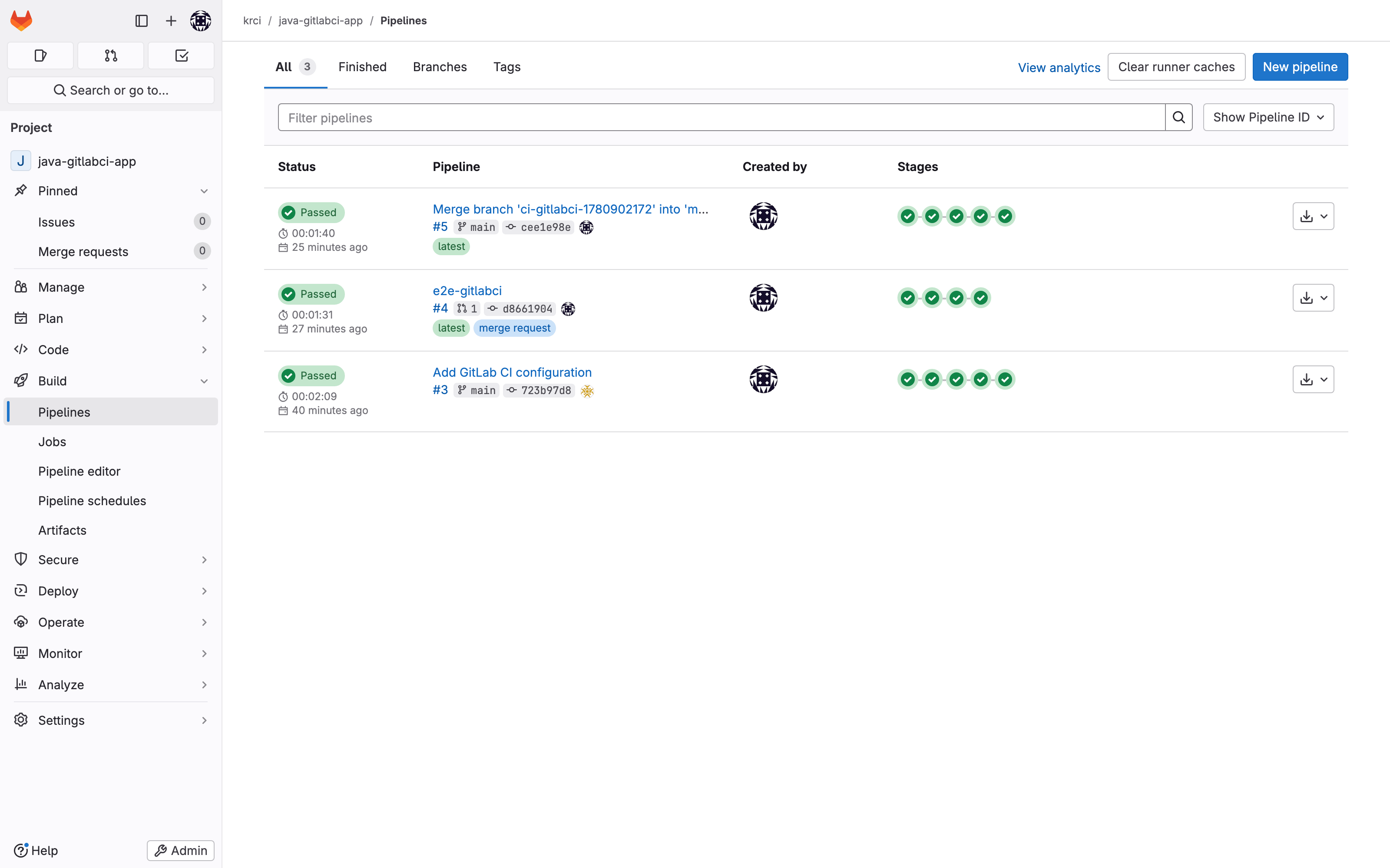 GitLab Pipelines list for java-gitlabci-app: review (merge request) and build (push) pipelines passed on the GitLab Runner