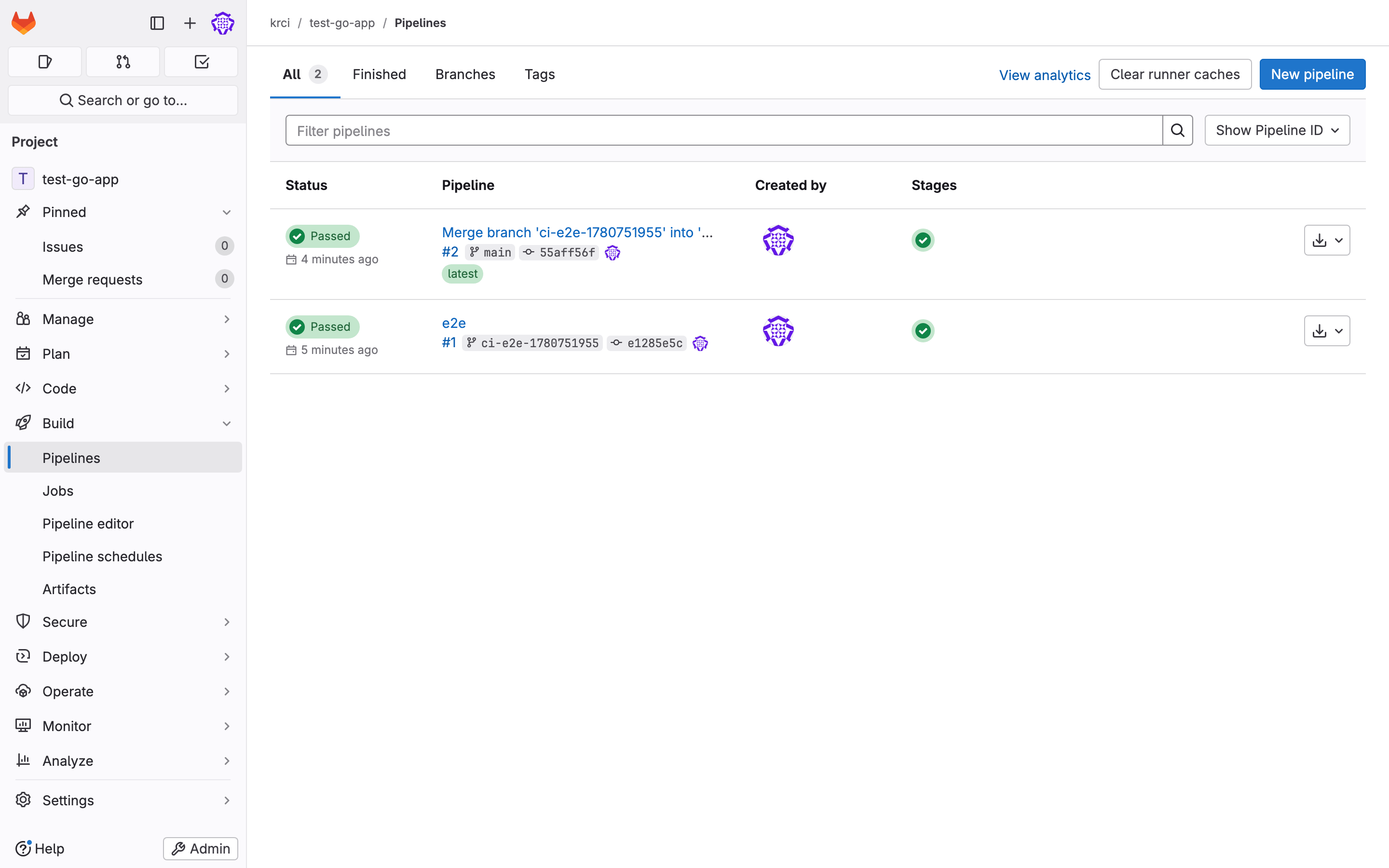 Self-hosted GitLab CE showing test-go-app project pipelines both Passed - merge build and e2e review Tekton commit statuses