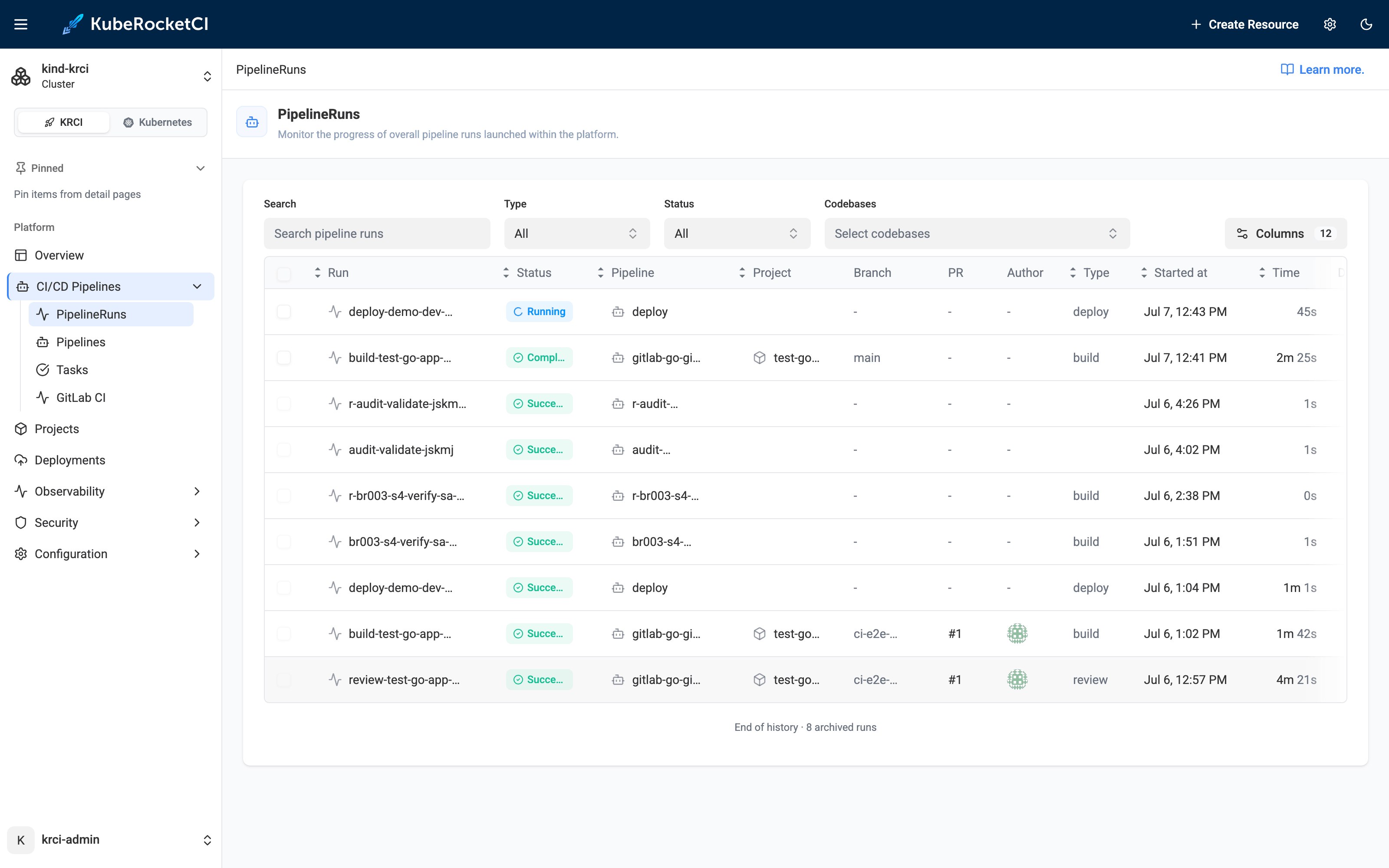 KubeRocketCI PipelineRuns list in the CI/CD Pipelines section