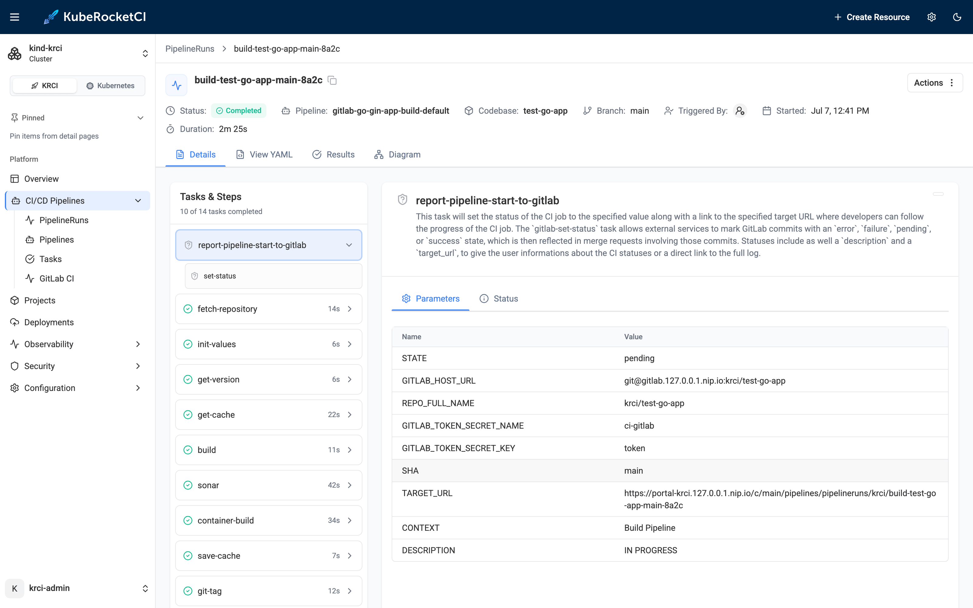 KubeRocketCI PipelineRun details page showing the Triggered By field resolved to a service account