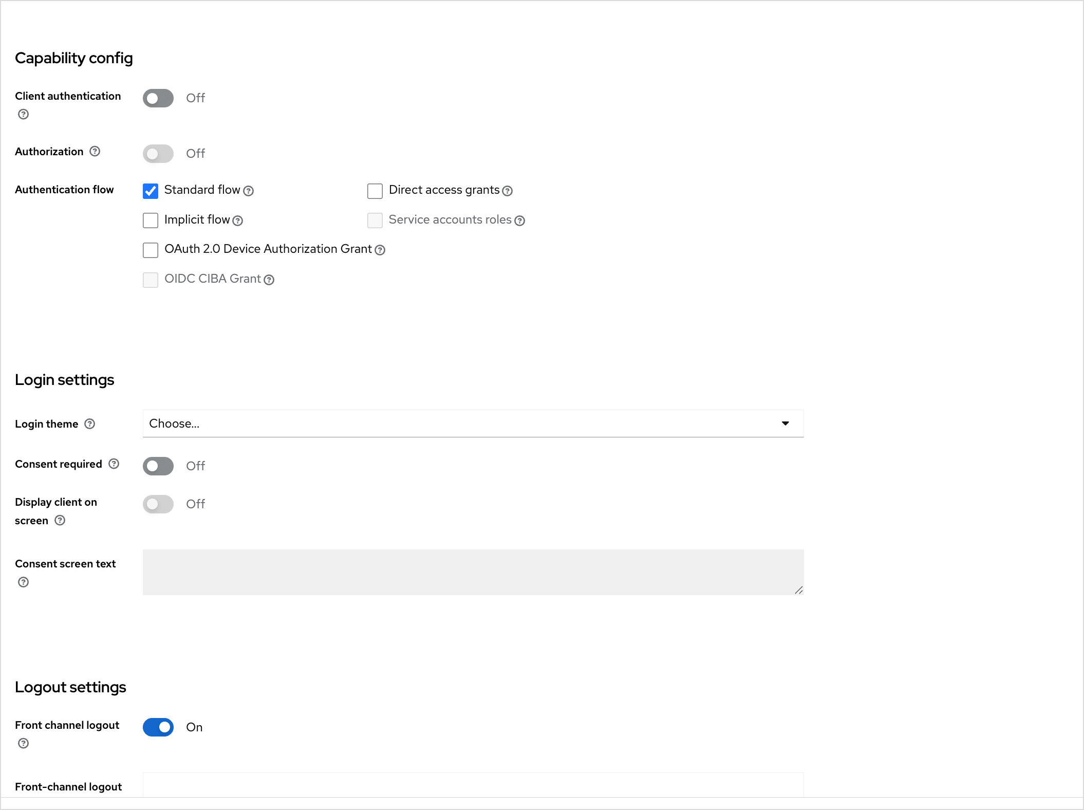 Keycloak client capability and login settings