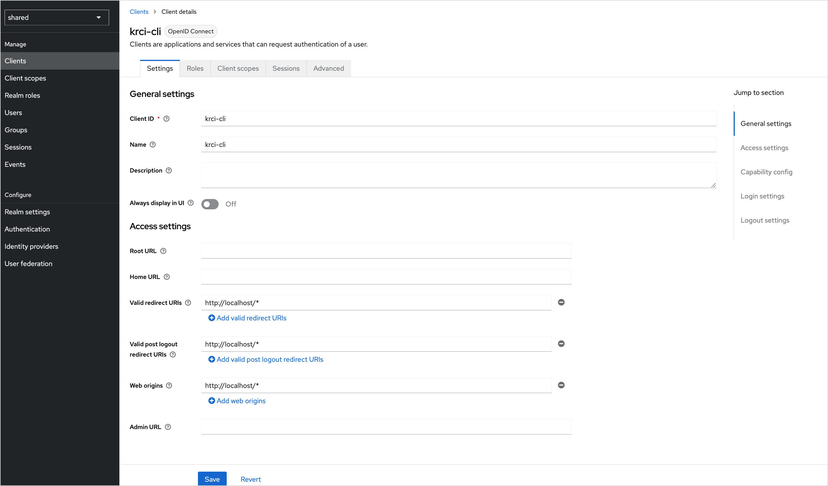 Keycloak client access settings — client ID, redirect URIs, and web origins