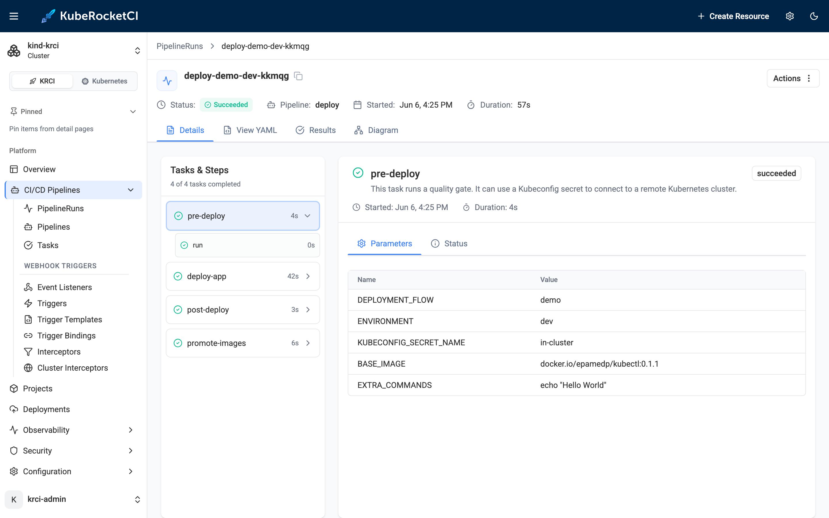 KubeRocketCI Portal deploy PipelineRun details showing all four deploy tasks green - pre-deploy, deploy-app, post-deploy, promote-images - for the demo-dev stage