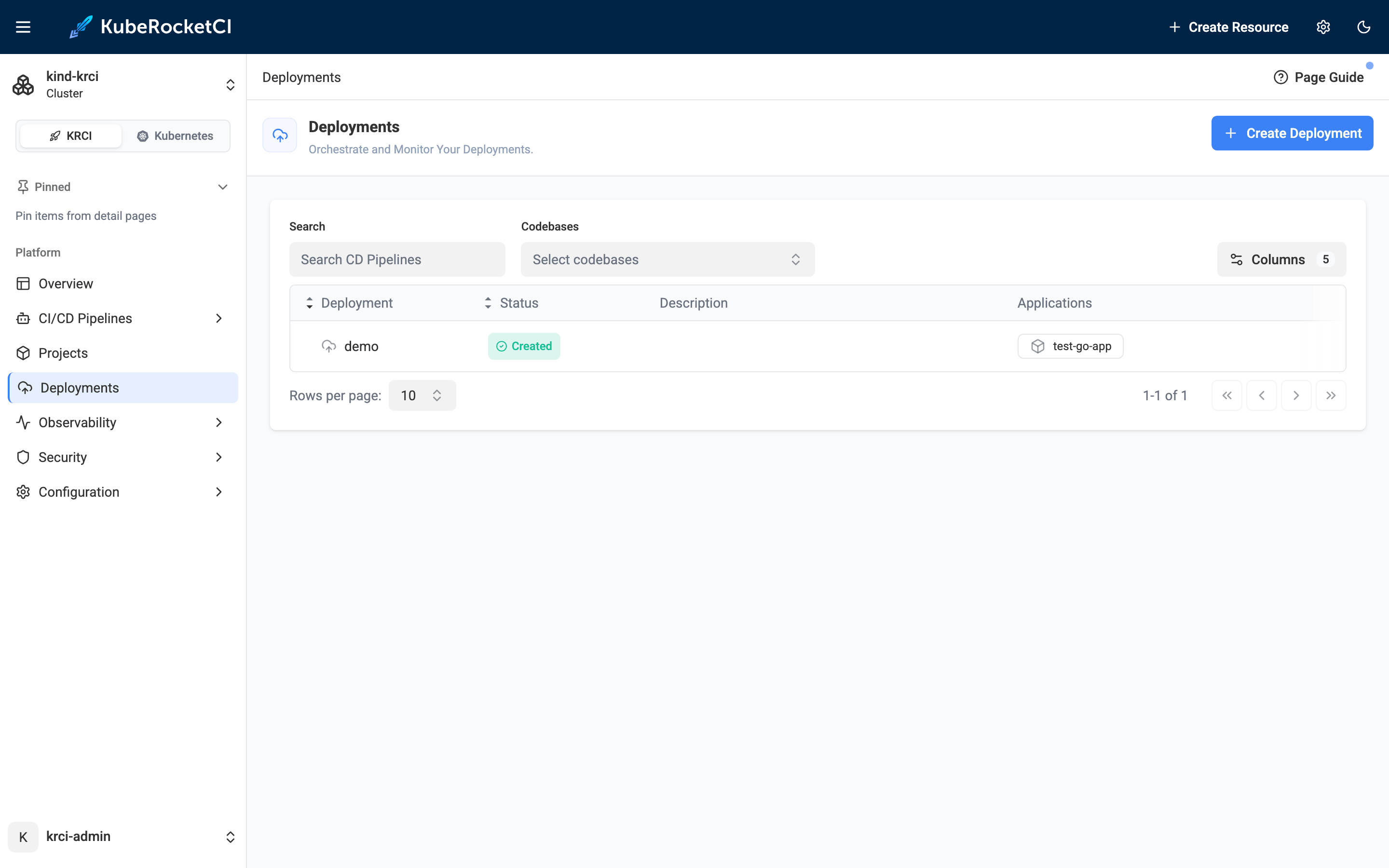 KubeRocketCI Portal Deployments page showing demo CD pipeline with test-go-app application deployed