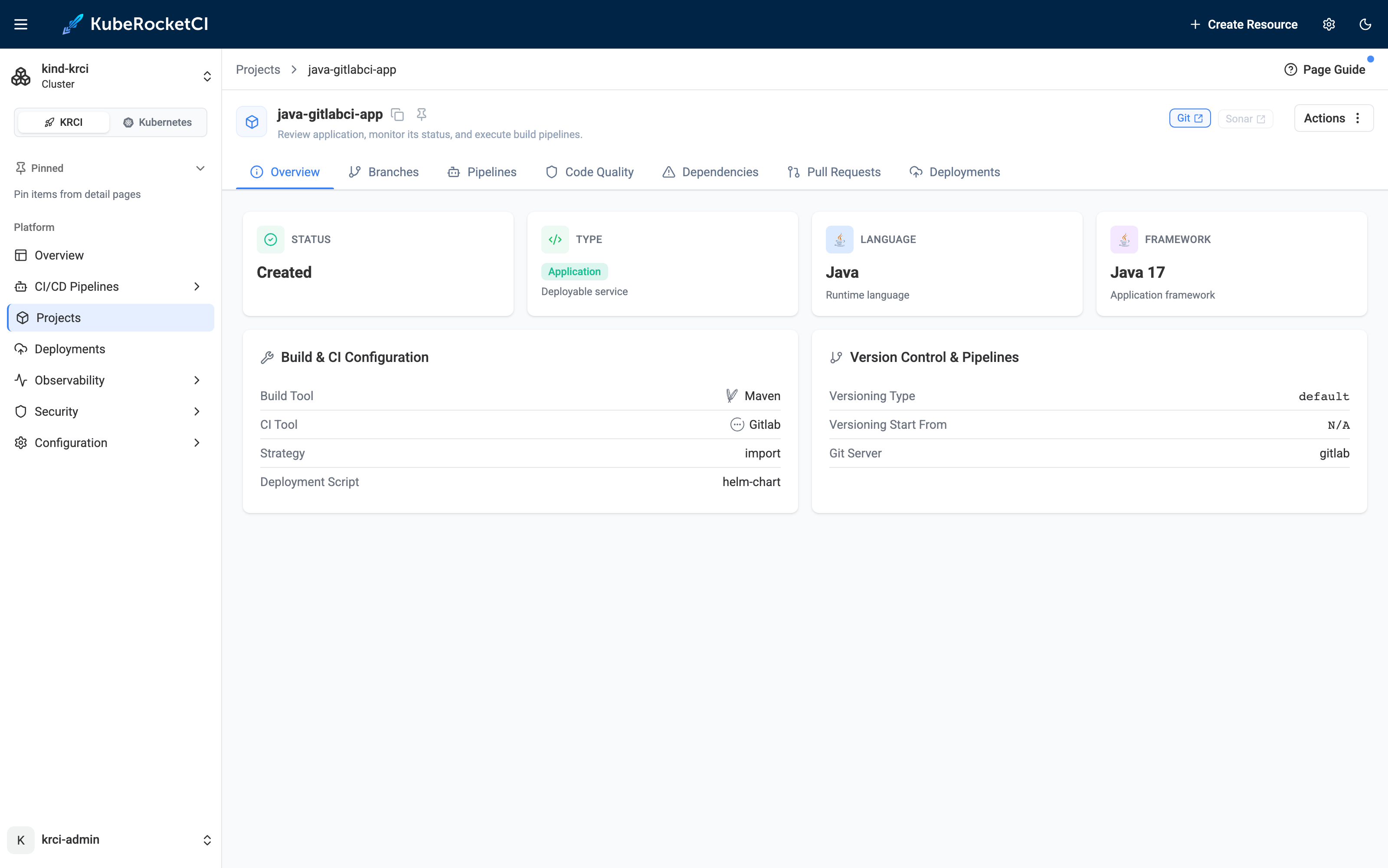 KubeRocketCI Portal overview for java-gitlabci-app: CI Tool set to GitLab, language Java, build tool Maven