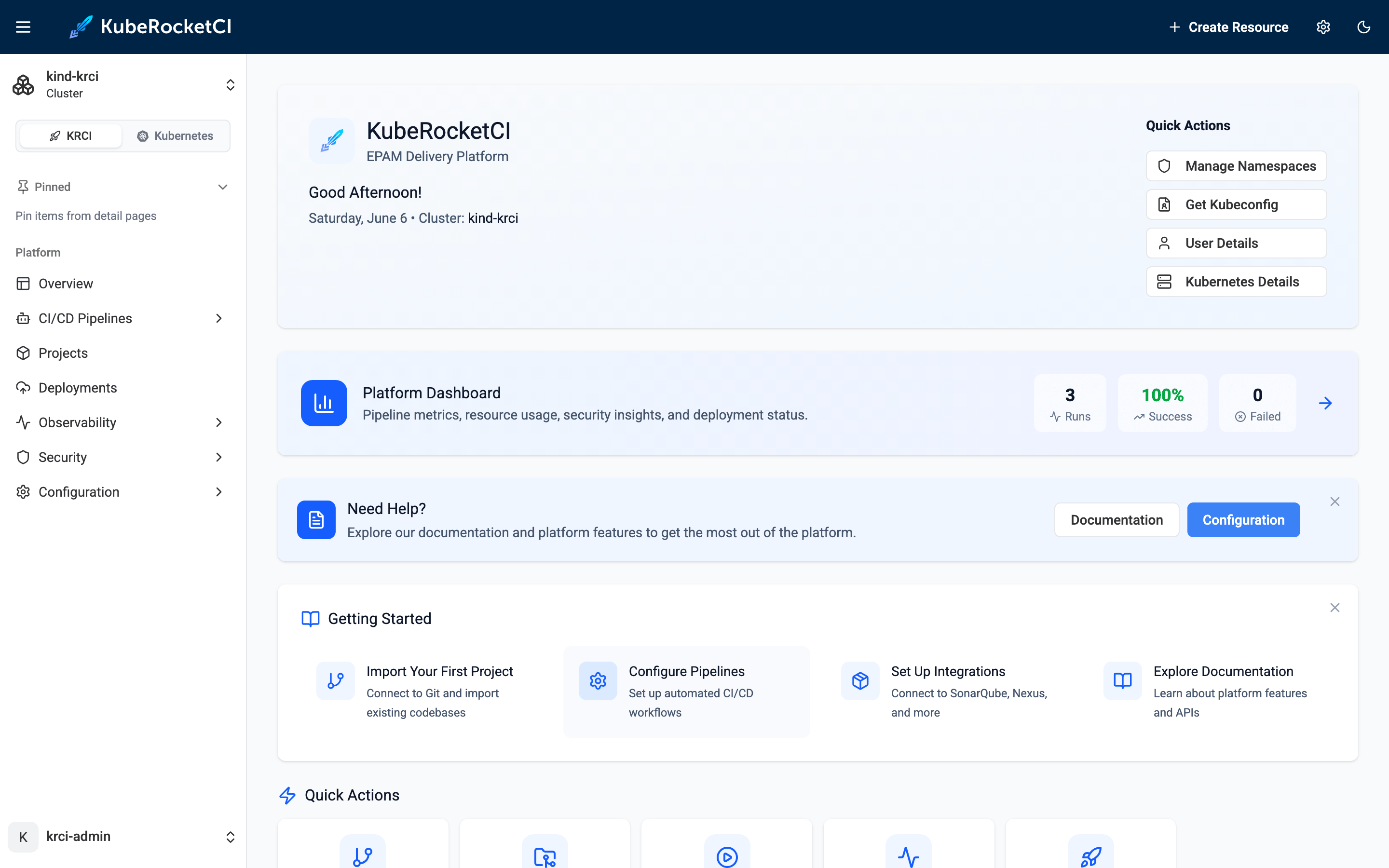 KubeRocketCI Portal home dashboard - try KubeRocketCI locally on a kind cluster, showing 3 pipeline runs with 100% success rate