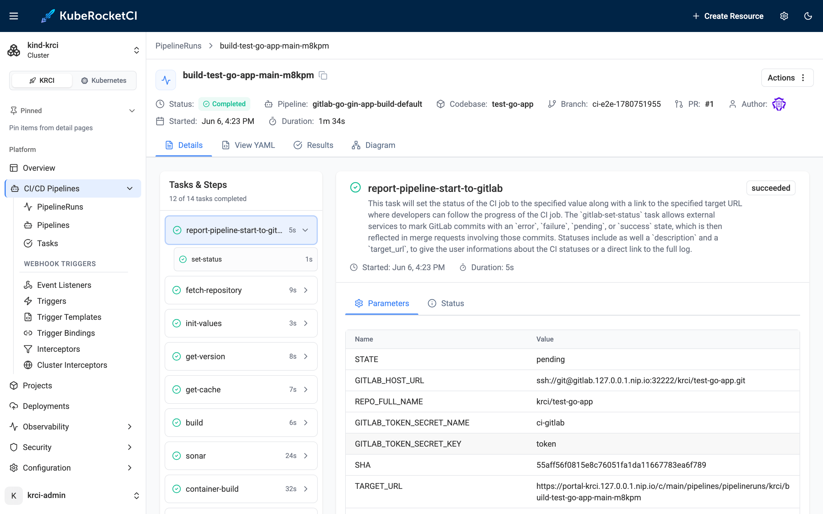 KubeRocketCI Portal Build PipelineRun details showing gitlab-go-gin-app-build-default pipeline, 1m 34s duration, all tasks completed