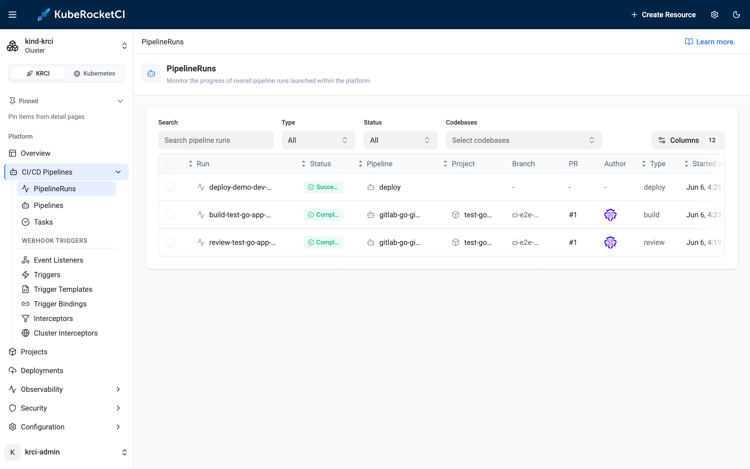 KubeRocketCI Portal PipelineRuns list showing deploy, build, and review runs all green for test-go-app