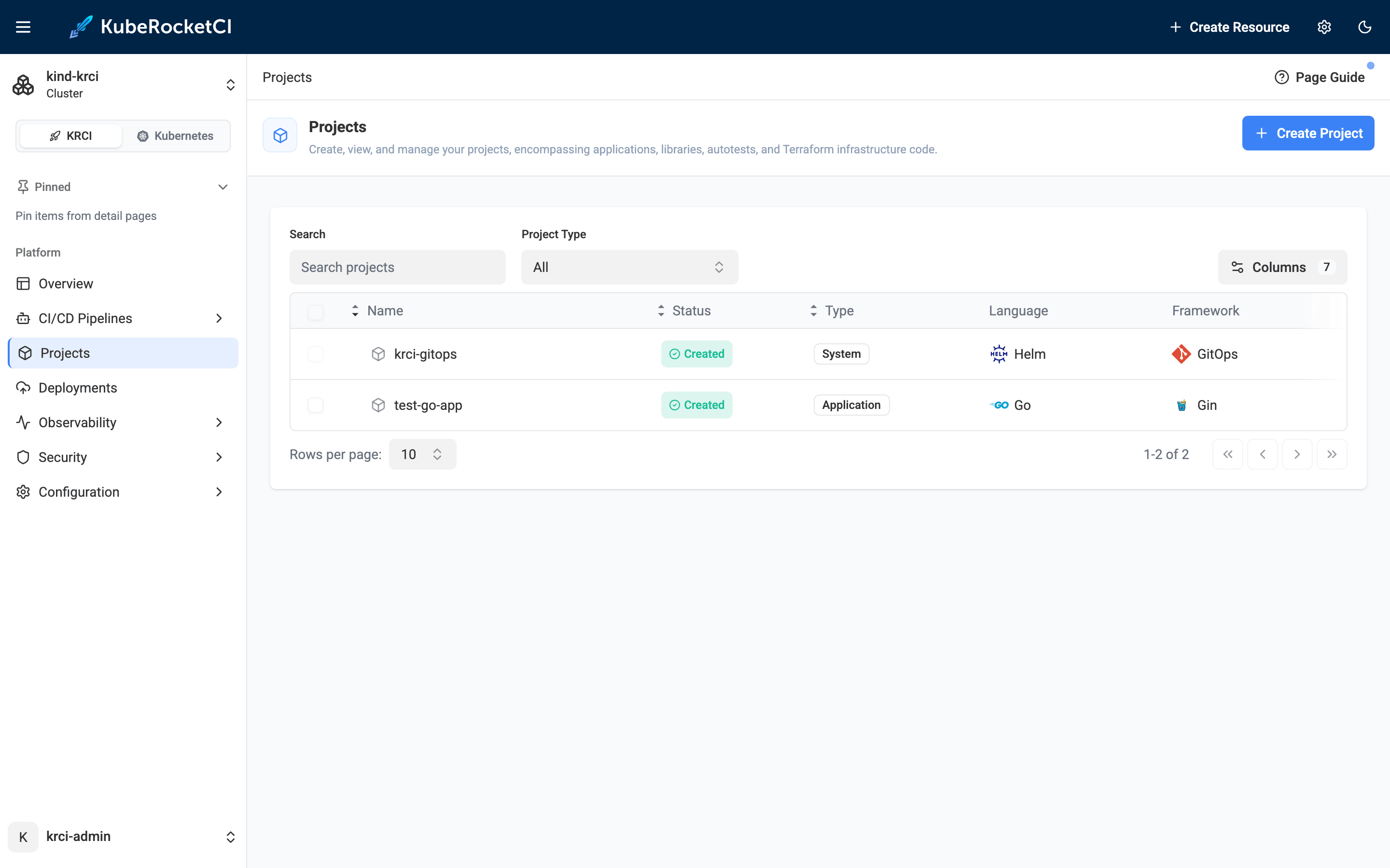 KubeRocketCI Portal Projects page showing krci-gitops and test-go-app codebases registered on local Kubernetes