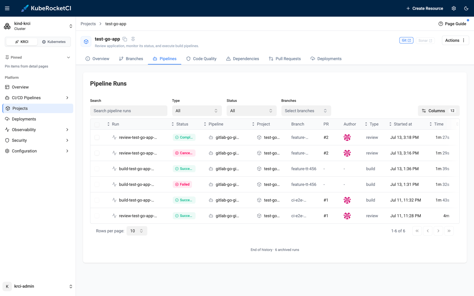 KubeRocketCI Portal pipeline runs list for test-go-app showing the superseded review run Cancelled and the replacement review run Completed for the same pull request