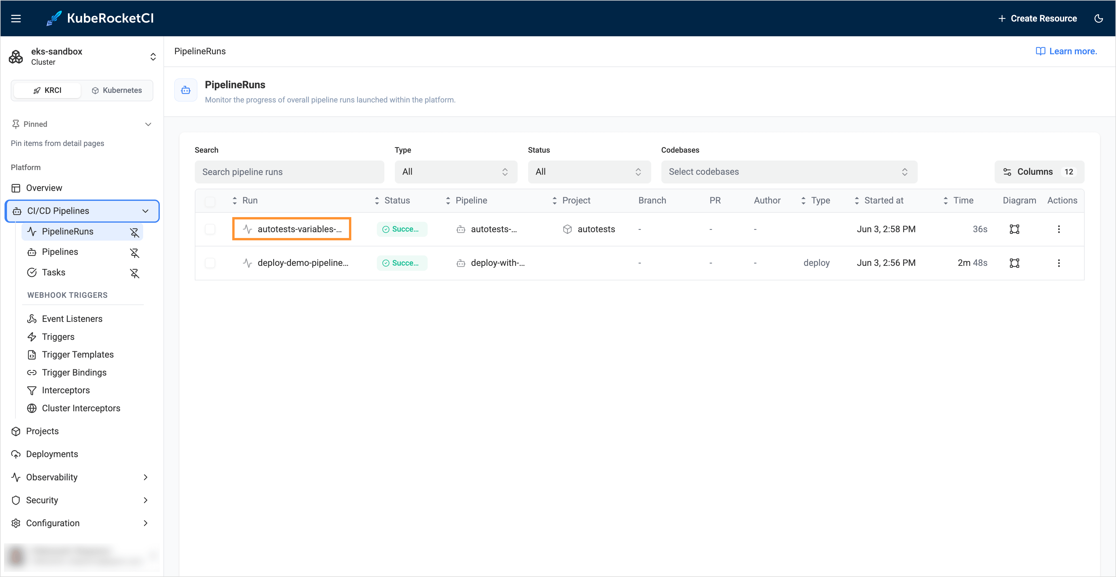 Pipelines list Pipelines list