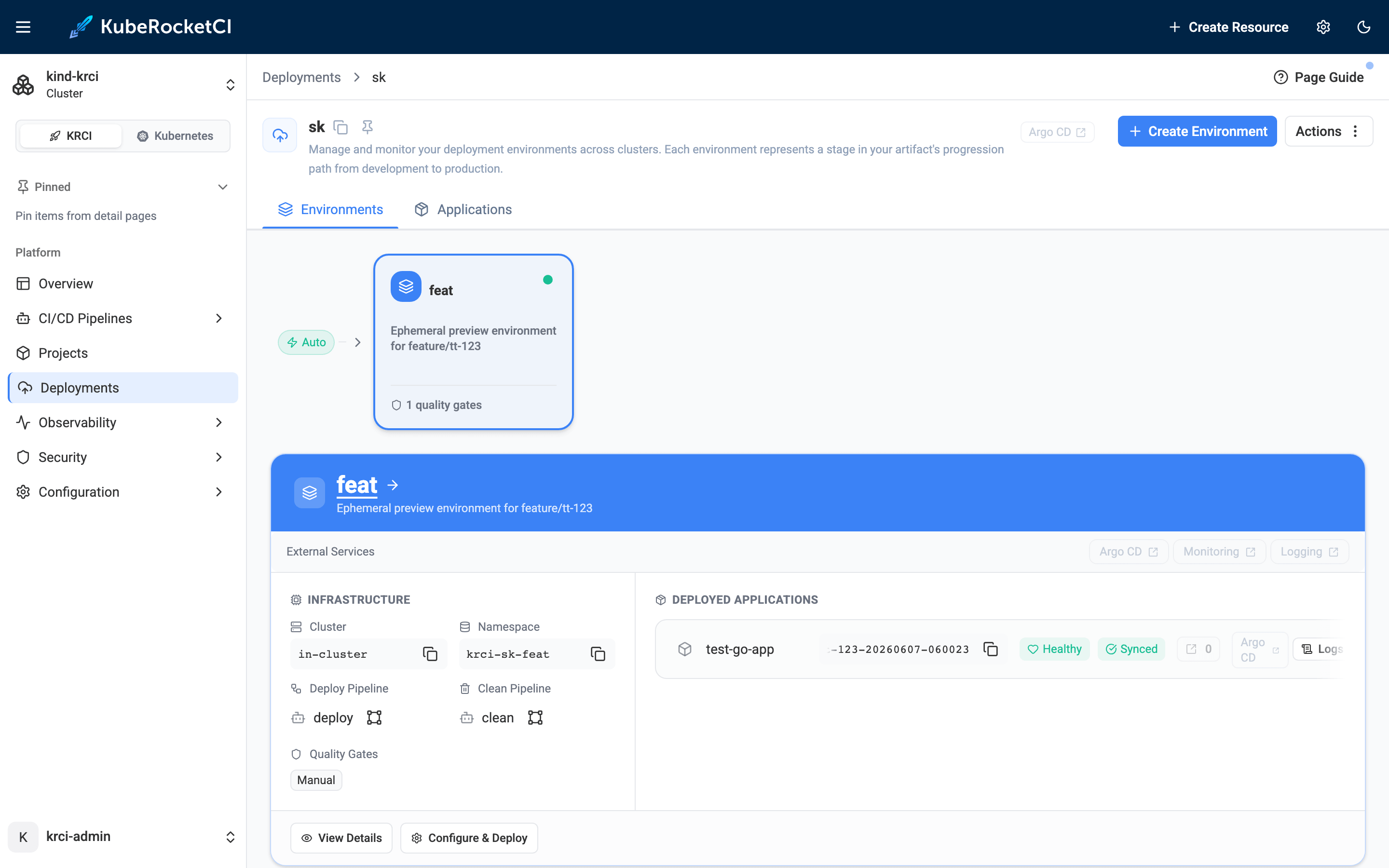 KubeRocketCI Deployments view showing the sk deployment with the feat preview environment, namespace krci-sk-feat, and test-go-app Healthy and Synced