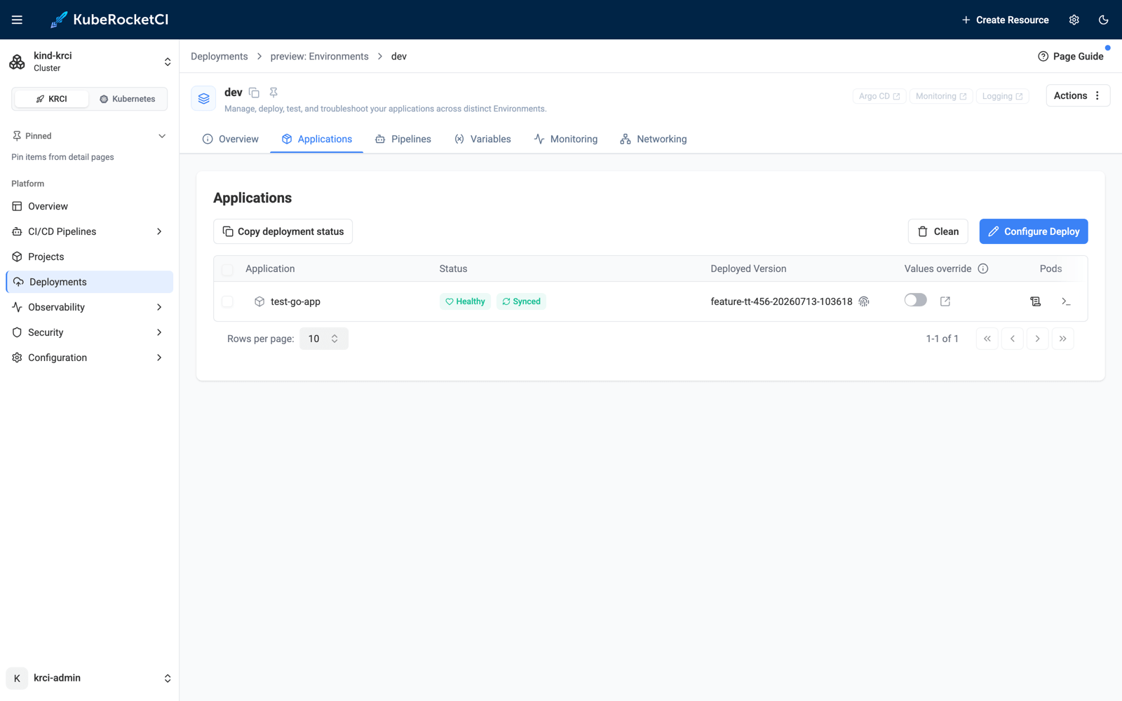 KubeRocketCI environment applications view showing test-go-app Healthy and Synced with deployed version feature-tt-456-20260713-103618