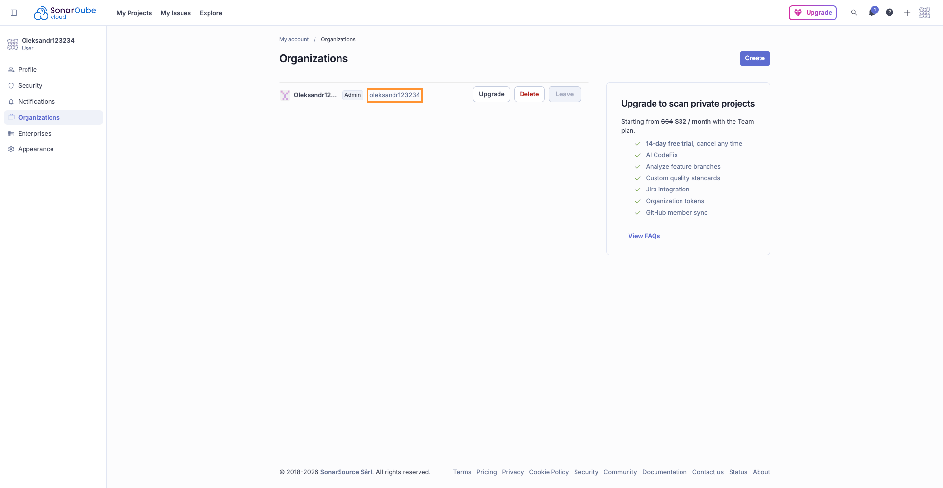 Organizations page