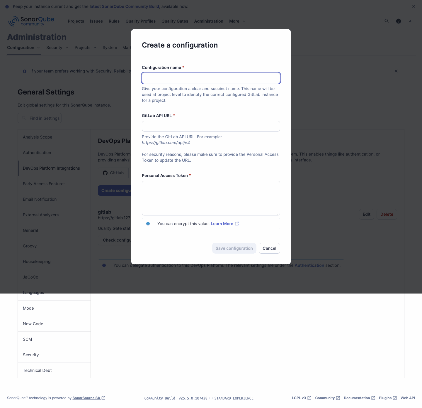 SonarQube create GitLab DevOps Platform configuration form