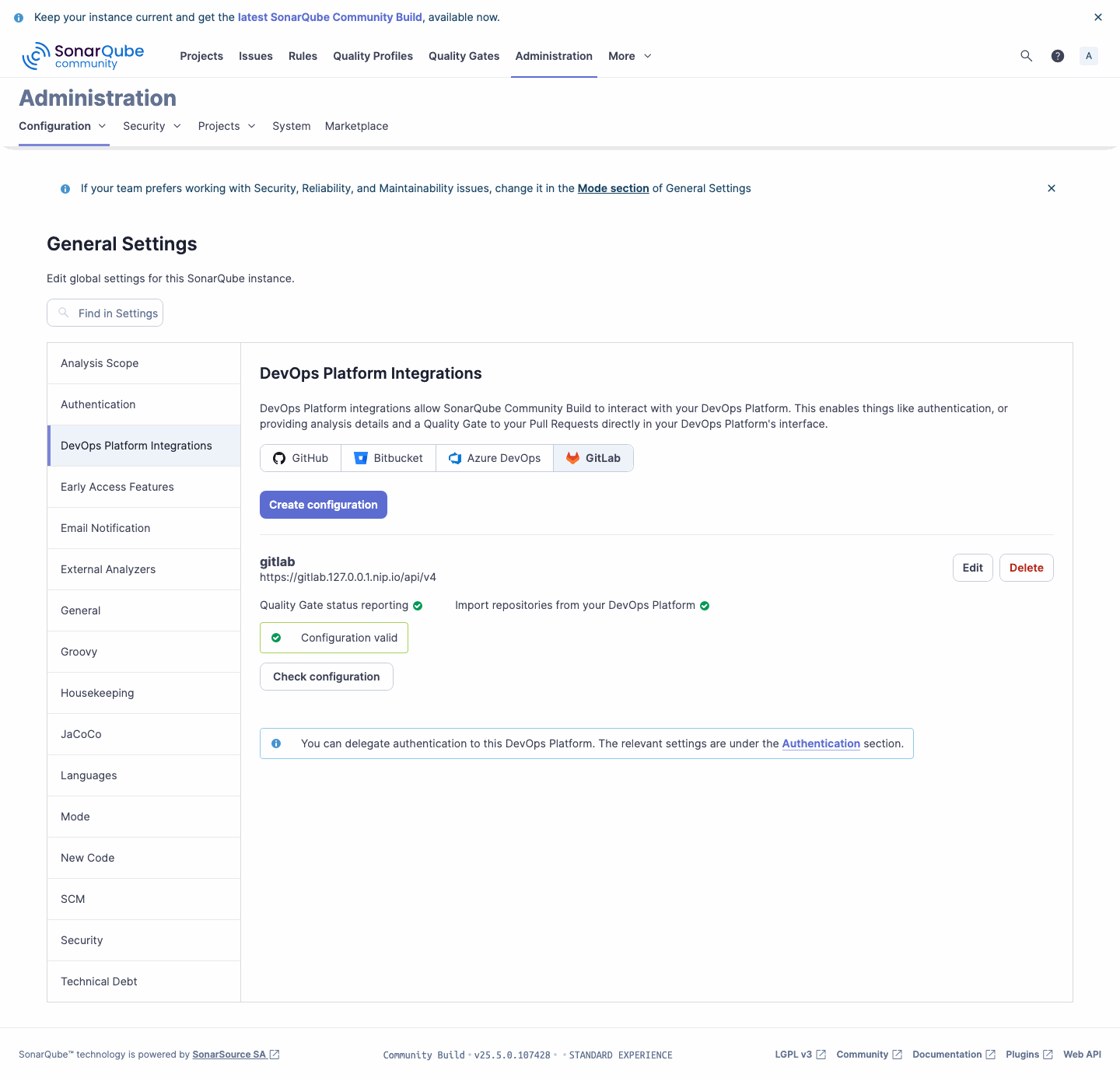 SonarQube GitLab integration showing a valid configuration