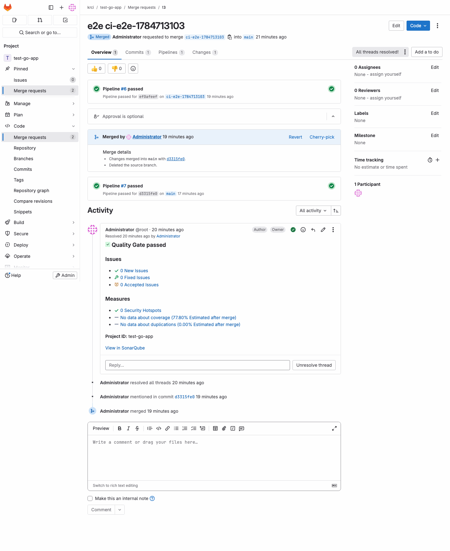 SonarQube Quality Gate report published on a GitLab merge request
