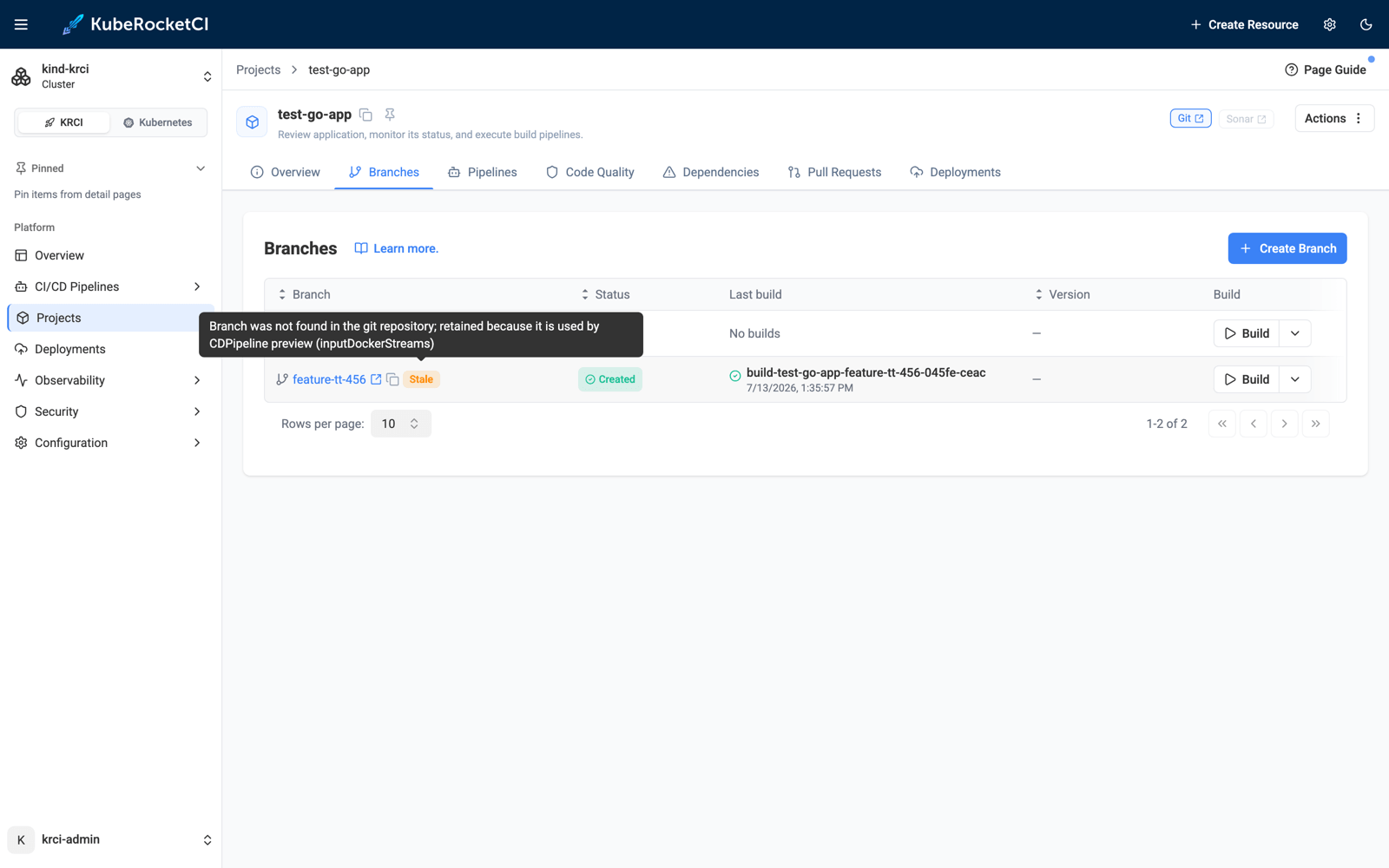 KubeRocketCI Portal stale badge tooltip stating the branch was not found in the git repository and is retained because it is used by CDPipeline preview
