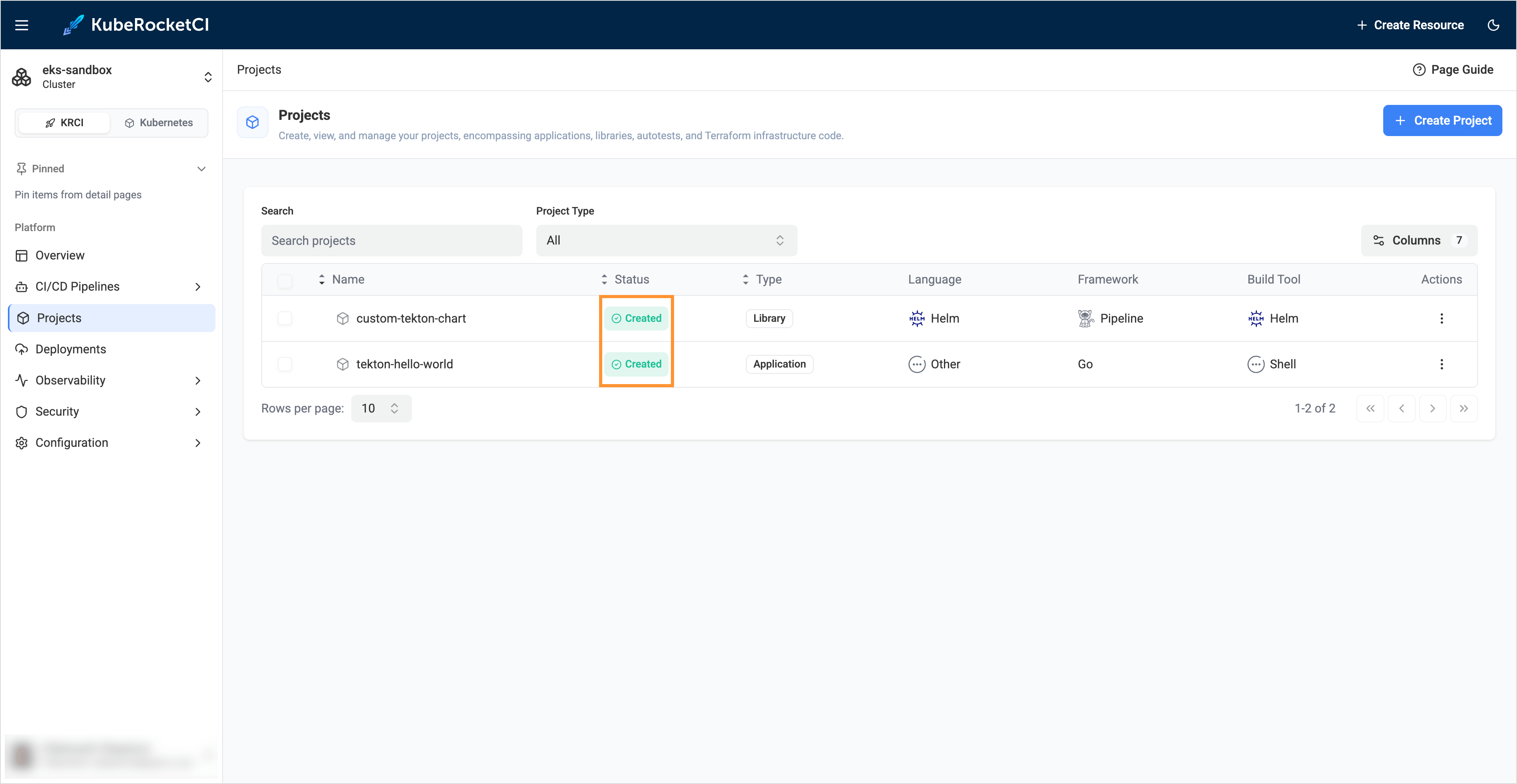 Projects overview page Projects overview page