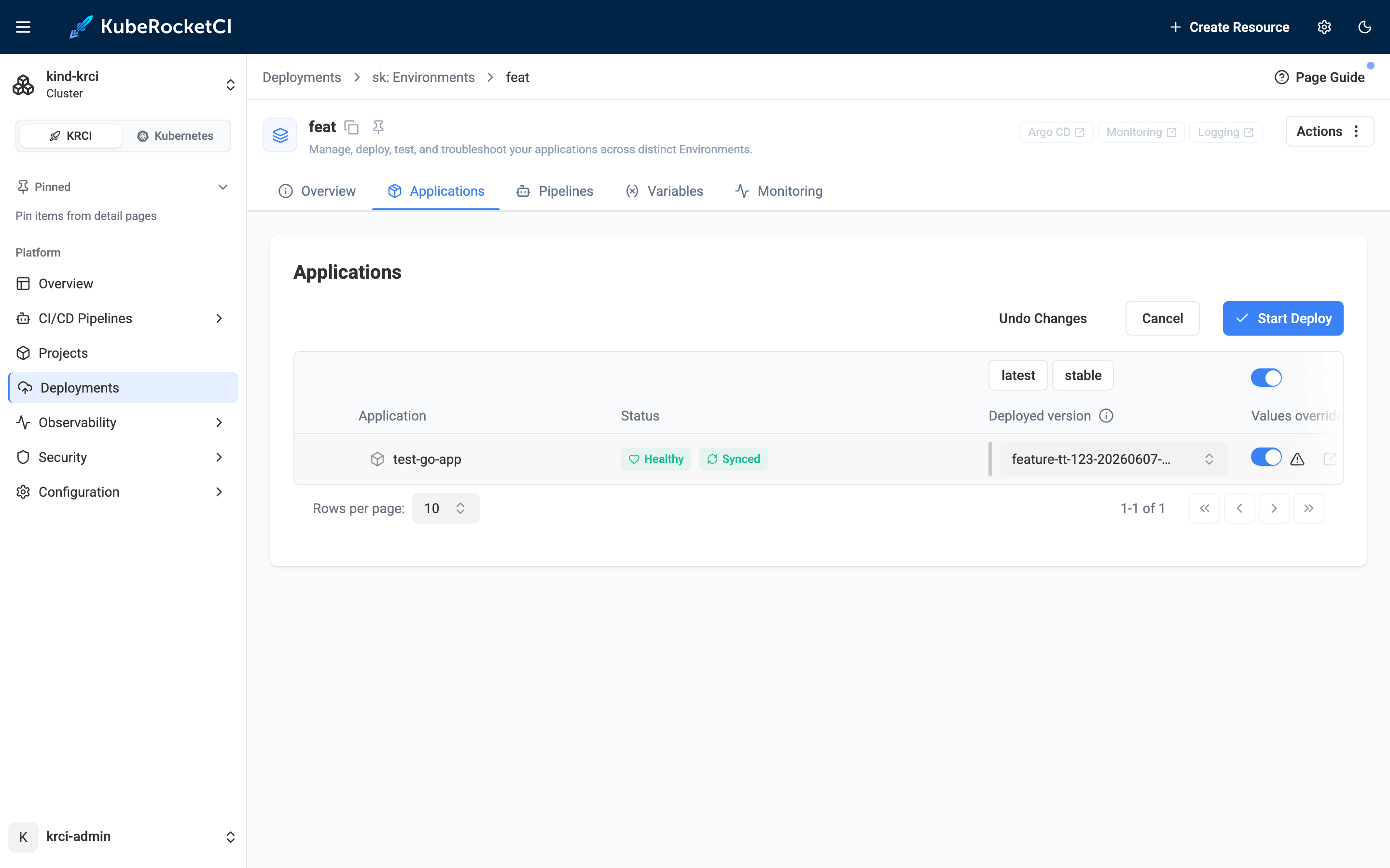 KubeRocketCI Configure Deploy view with the Values override toggle enabled for test-go-app and the Start Deploy button